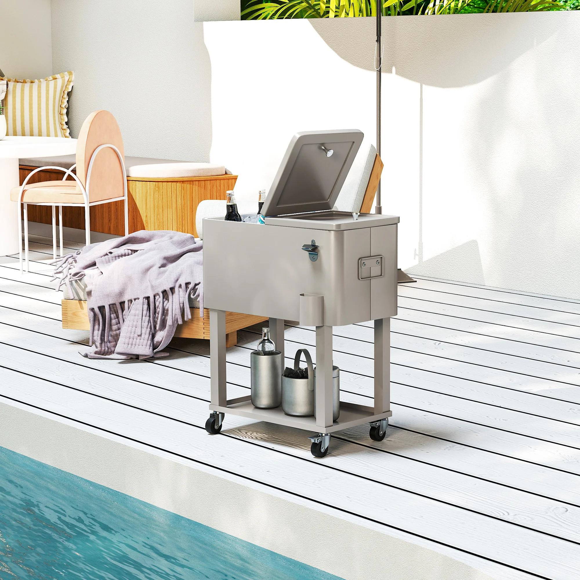 60 Quart Rolling Patio Cooler Cart with Shelf and Bottle Opener, Silver - Image 4
