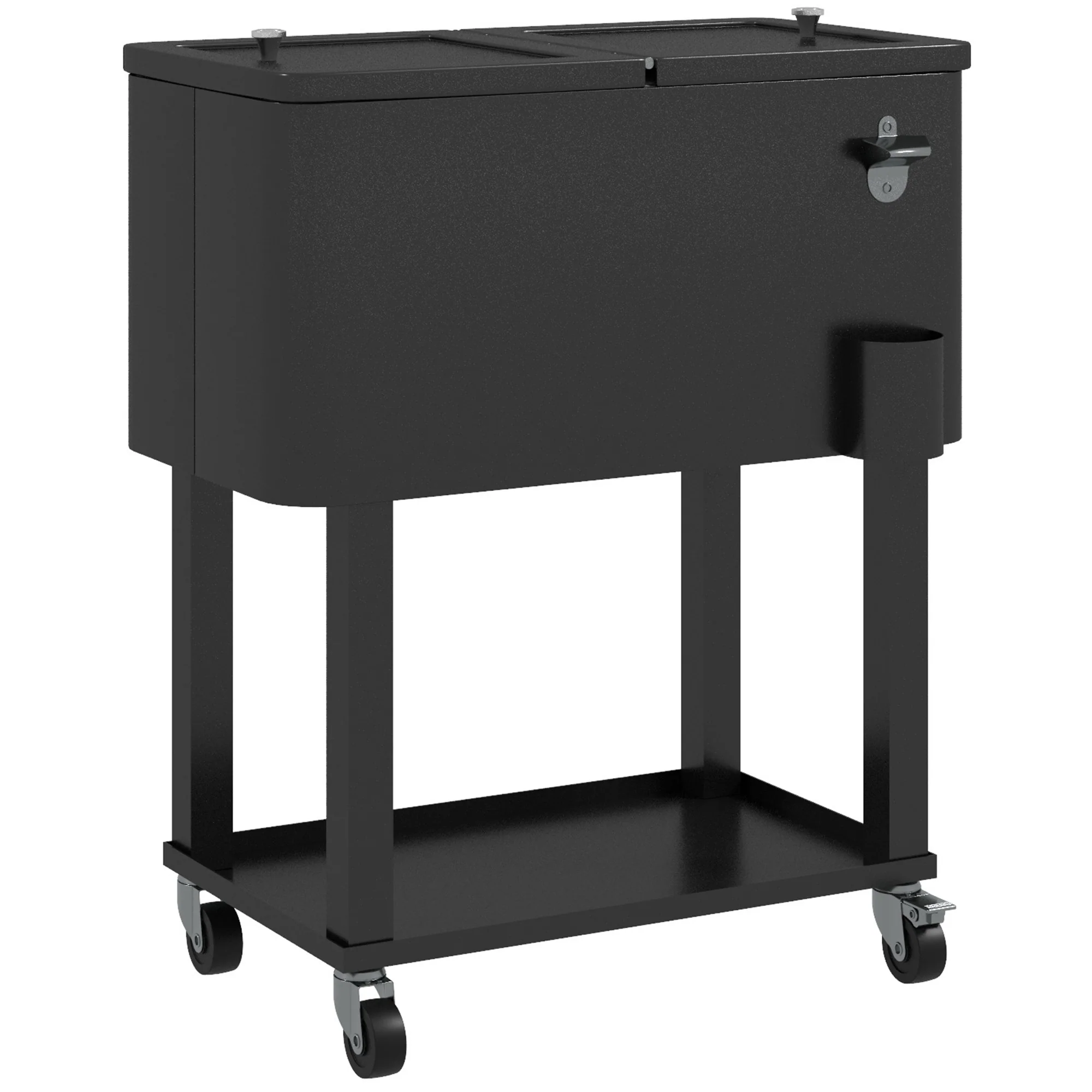 60 Quart Rolling Patio Cooler Cart with Shelf and Bottle Opener, Black