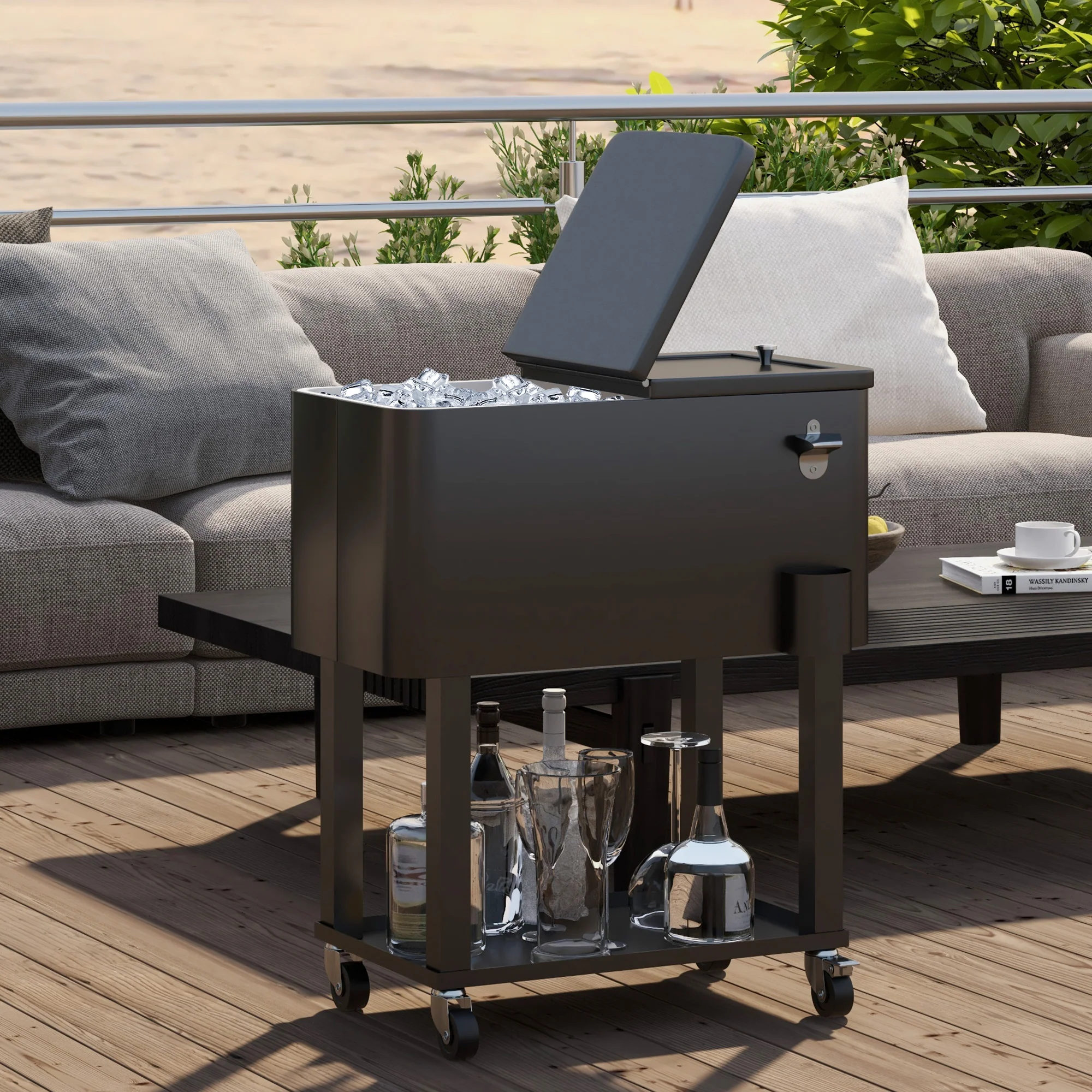 60 Quart Rolling Patio Cooler Cart with Shelf and Bottle Opener, Black - Image 3