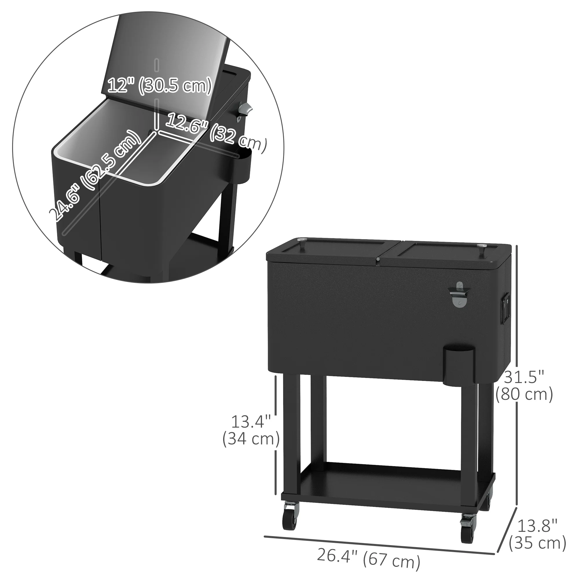 60 Quart Rolling Patio Cooler Cart with Shelf and Bottle Opener, Black - Image 5