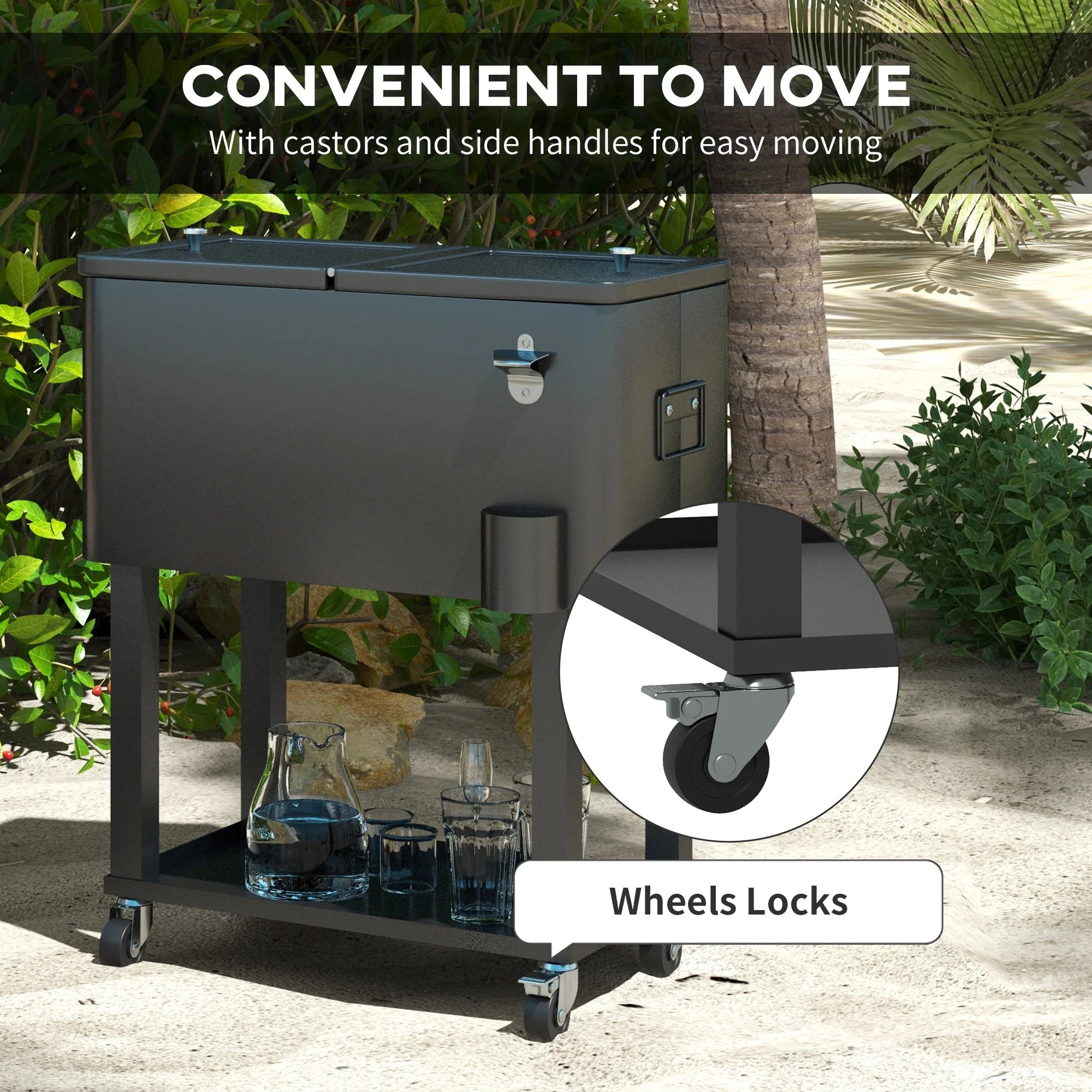 60 Quart Rolling Patio Cooler Cart with Shelf and Bottle Opener, Black - Image 9