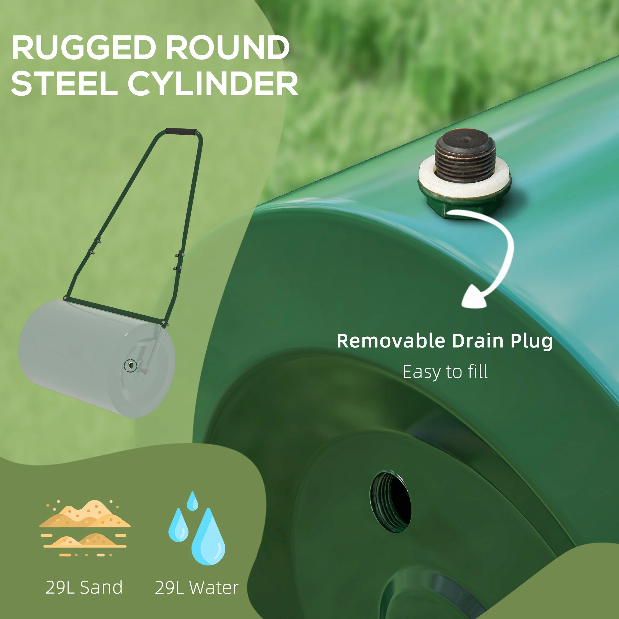 63L Heavy Duty Water/Sand Filled ¦µ32cm Garden Steel Lawn Roller, Dark Green - Image 9