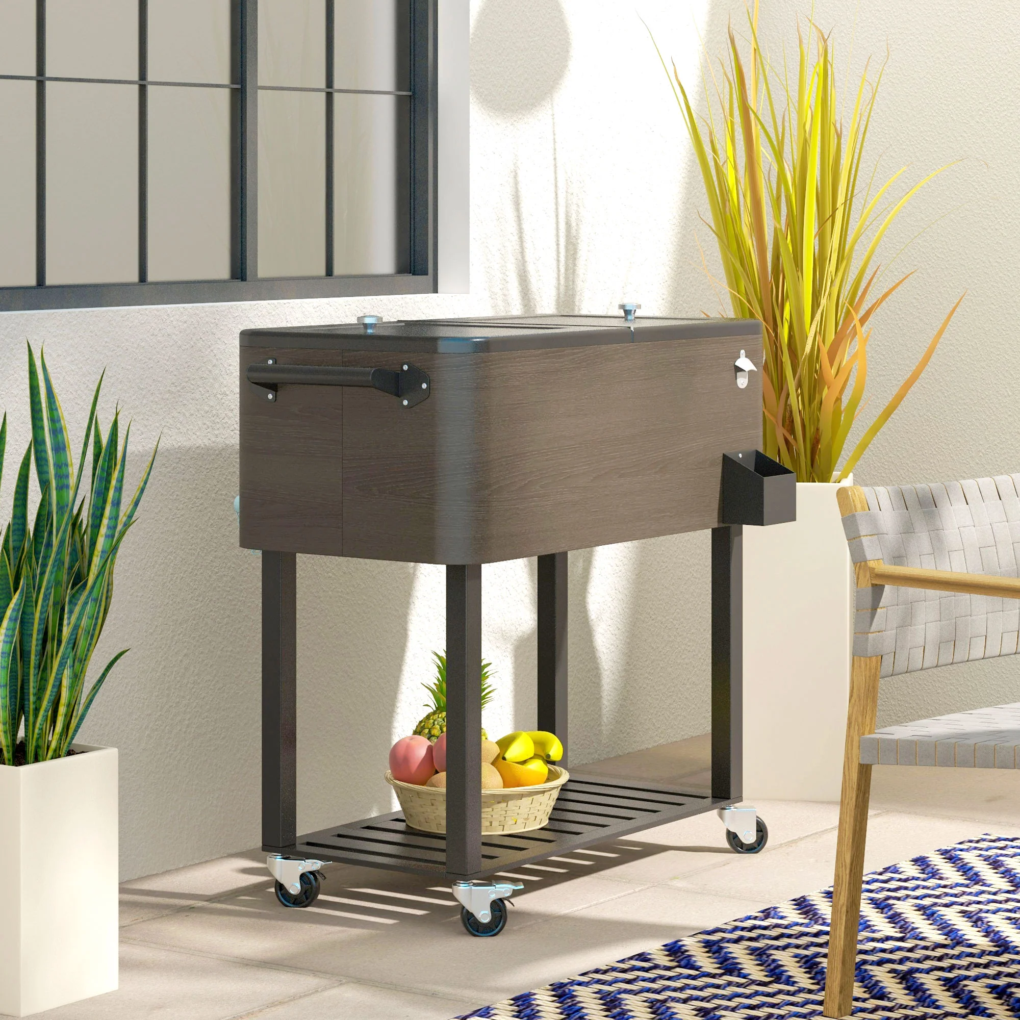 67-Qt Patio Cooler Cart with Storage Shelf & Wheels, Grey - Image 11