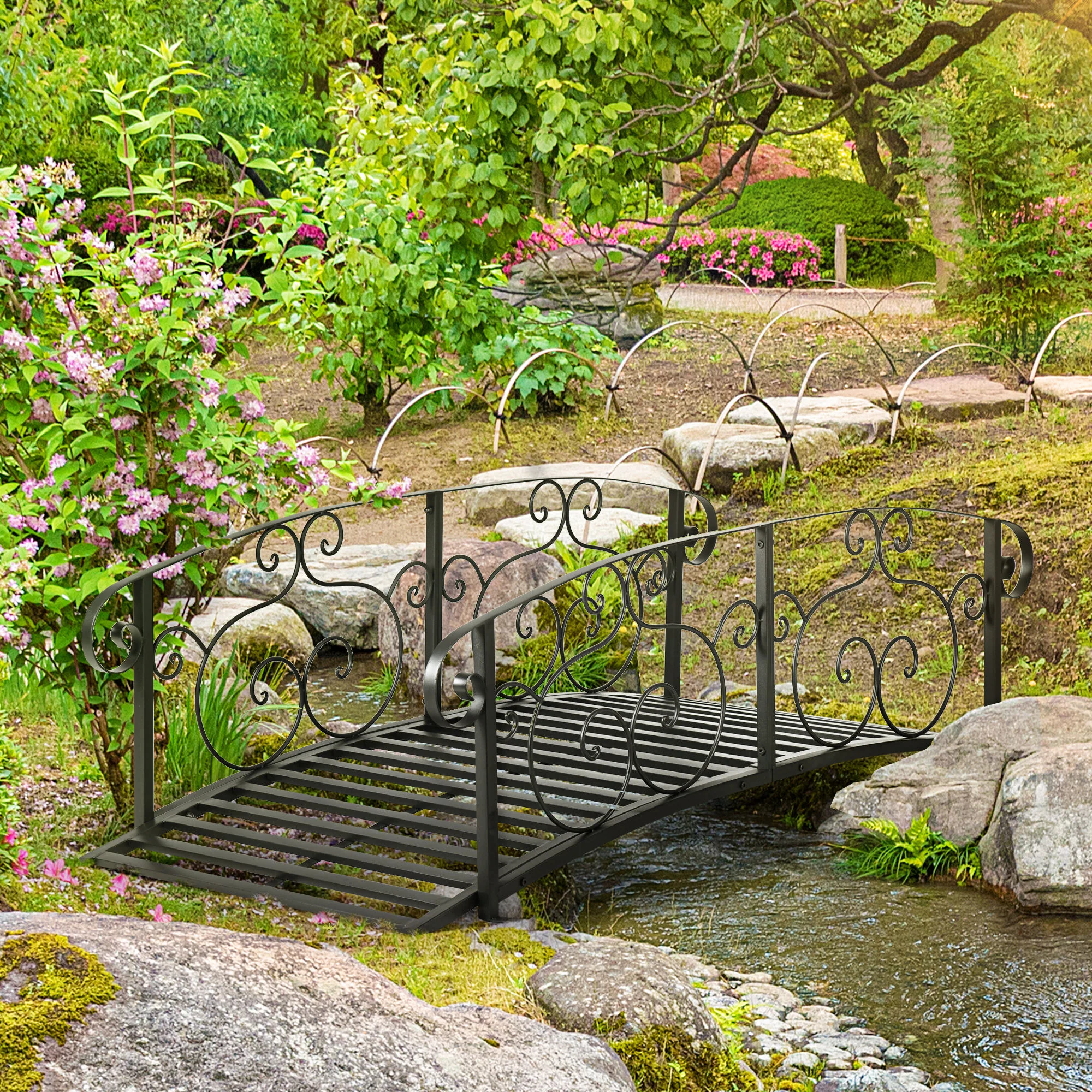 6FT Steel Arch Decorative Arc Landscaping Bridge with Safety Siderails for Backyard, Black - Image 3