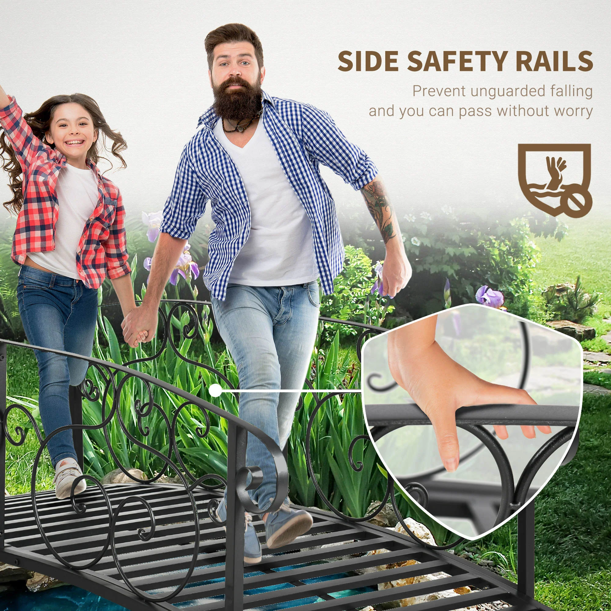 6FT Steel Arch Decorative Arc Landscaping Bridge with Safety Siderails for Backyard, Black - Image 6