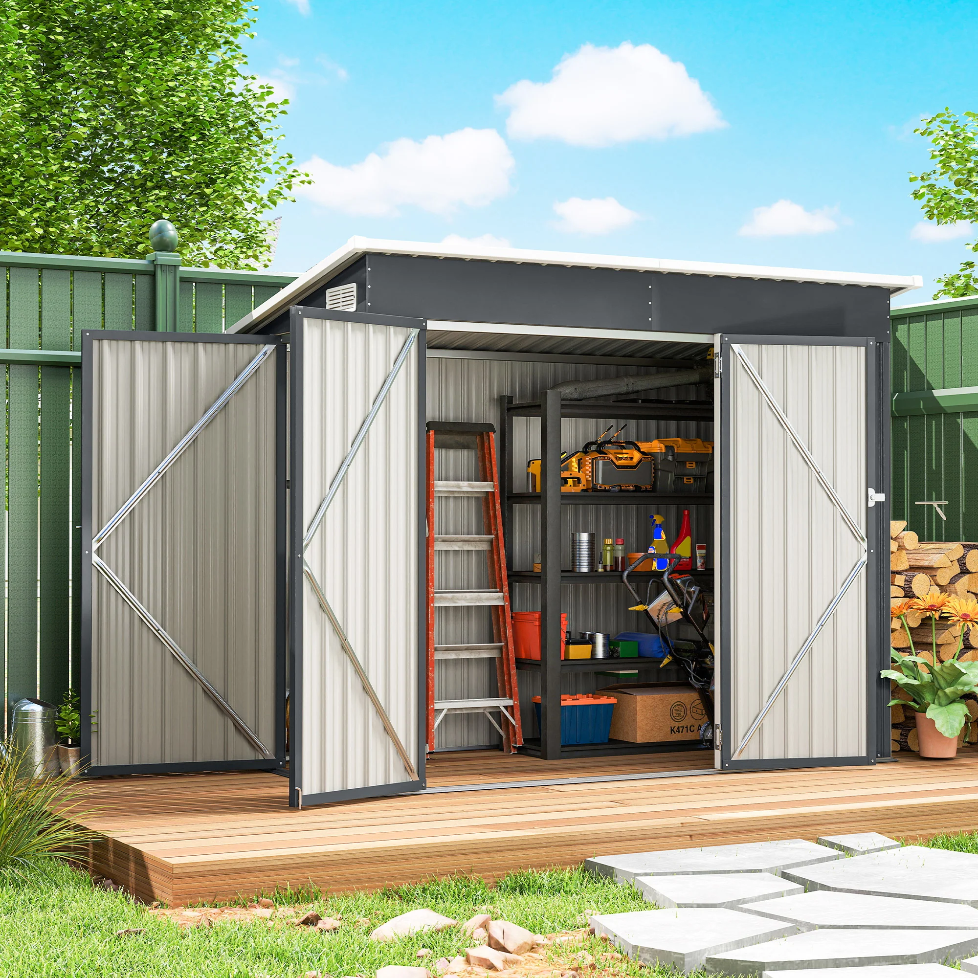 7.5' x 4.3' Metal Outdoor Storage Shed with Lockable Doors, Dark Grey - Image 3