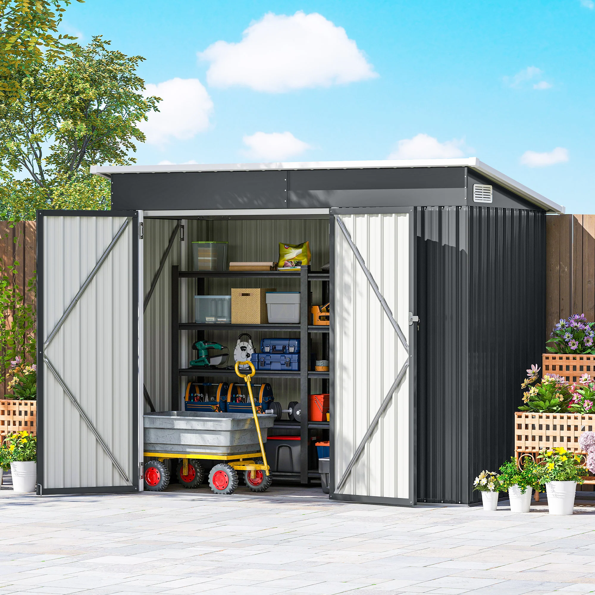 7.5' x 4.3' Metal Outdoor Storage Shed with Lockable Doors, Dark Grey - Image 4