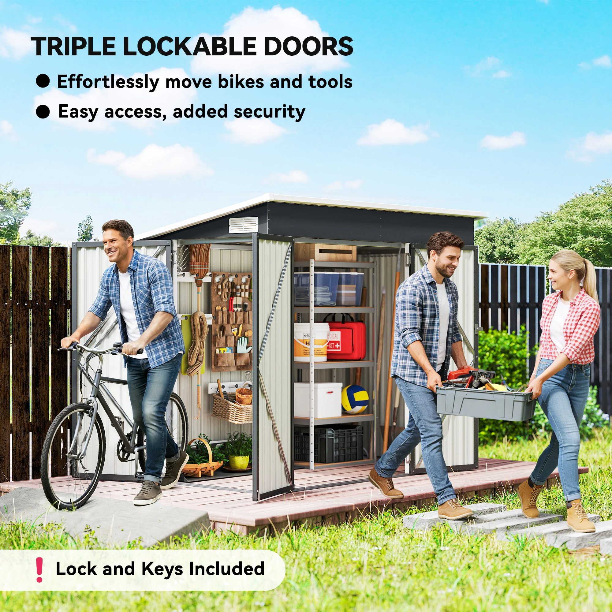 7.5' x 4.3' Metal Outdoor Storage Shed with Lockable Doors, Dark Grey - Image 6