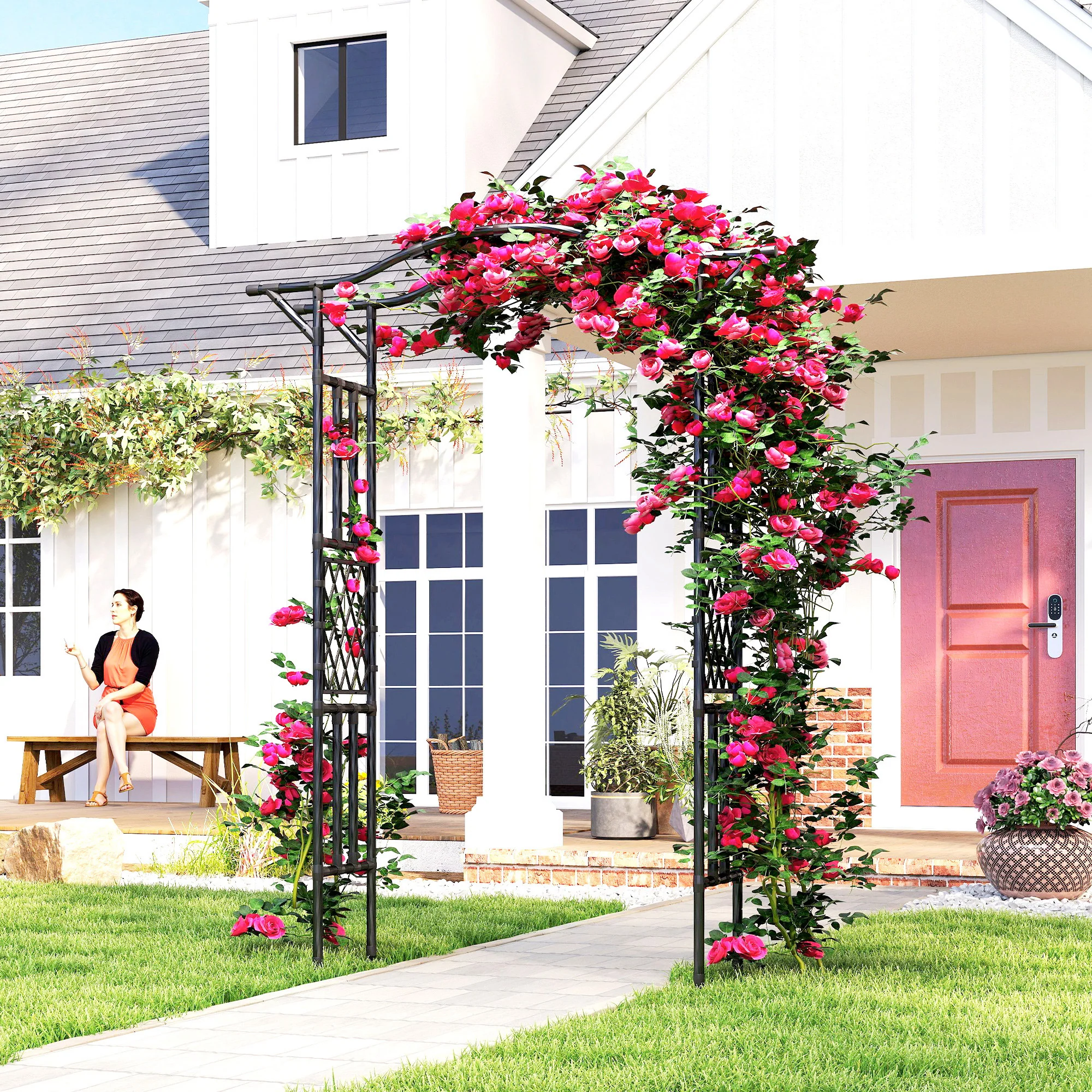 7.5ft Garden Arch with Extended Top for Climbing Plants, Black - Image 11