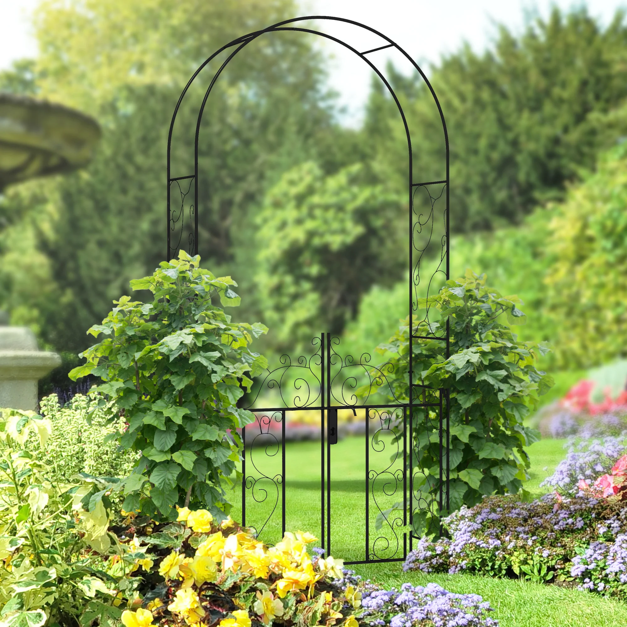 7.5FT Metal  Wedding Garden Arch with Gate, Arbor Trellis for Climbing Plants, Black - Image 4