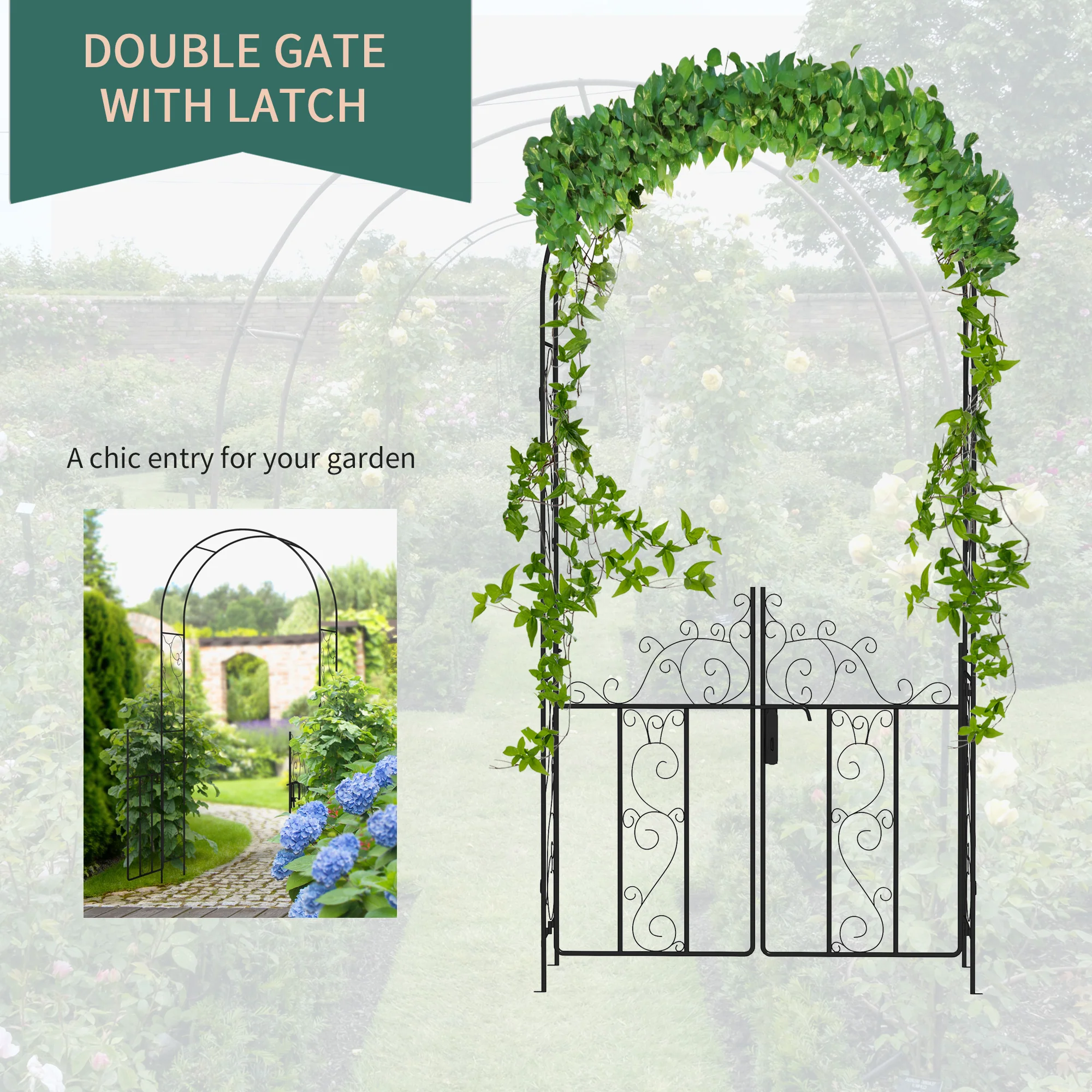 7.5FT Metal  Wedding Garden Arch with Gate, Arbor Trellis for Climbing Plants, Black - Image 7