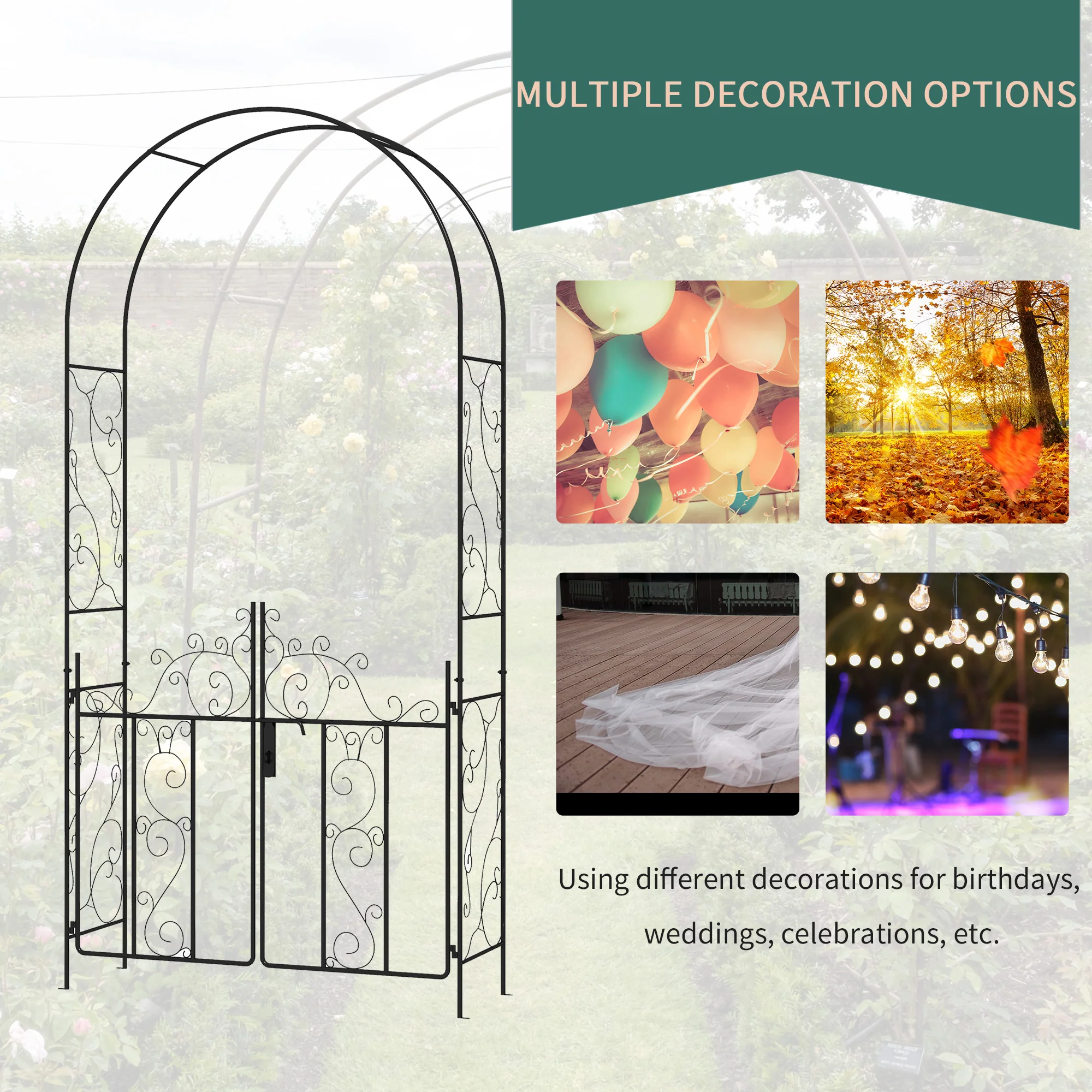 7.5FT Metal  Wedding Garden Arch with Gate, Arbor Trellis for Climbing Plants, Black - Image 8