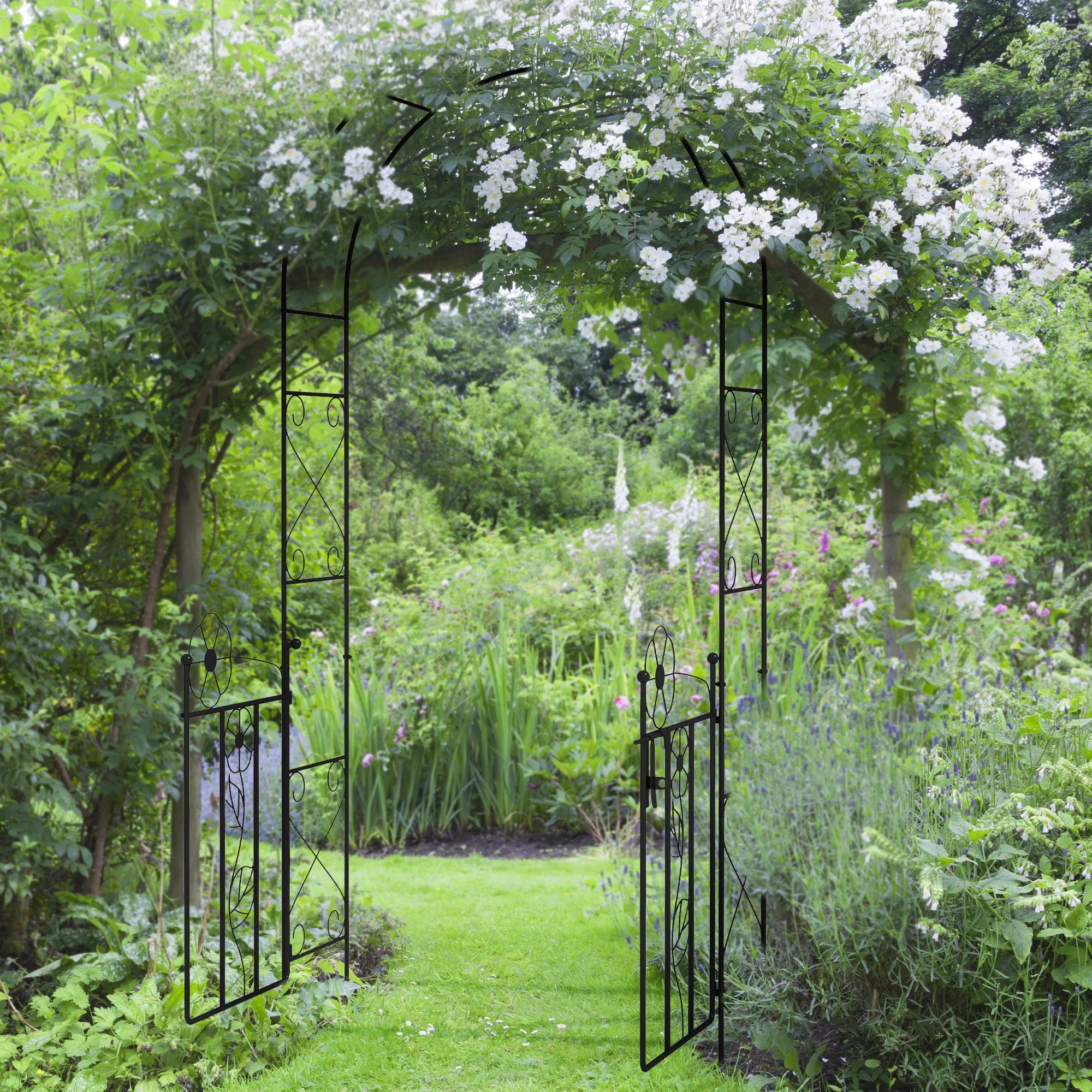 7.5FT Metal  Wedding Garden Arch with Gate, Outdoor Wedding Decoration, Black - Image 3