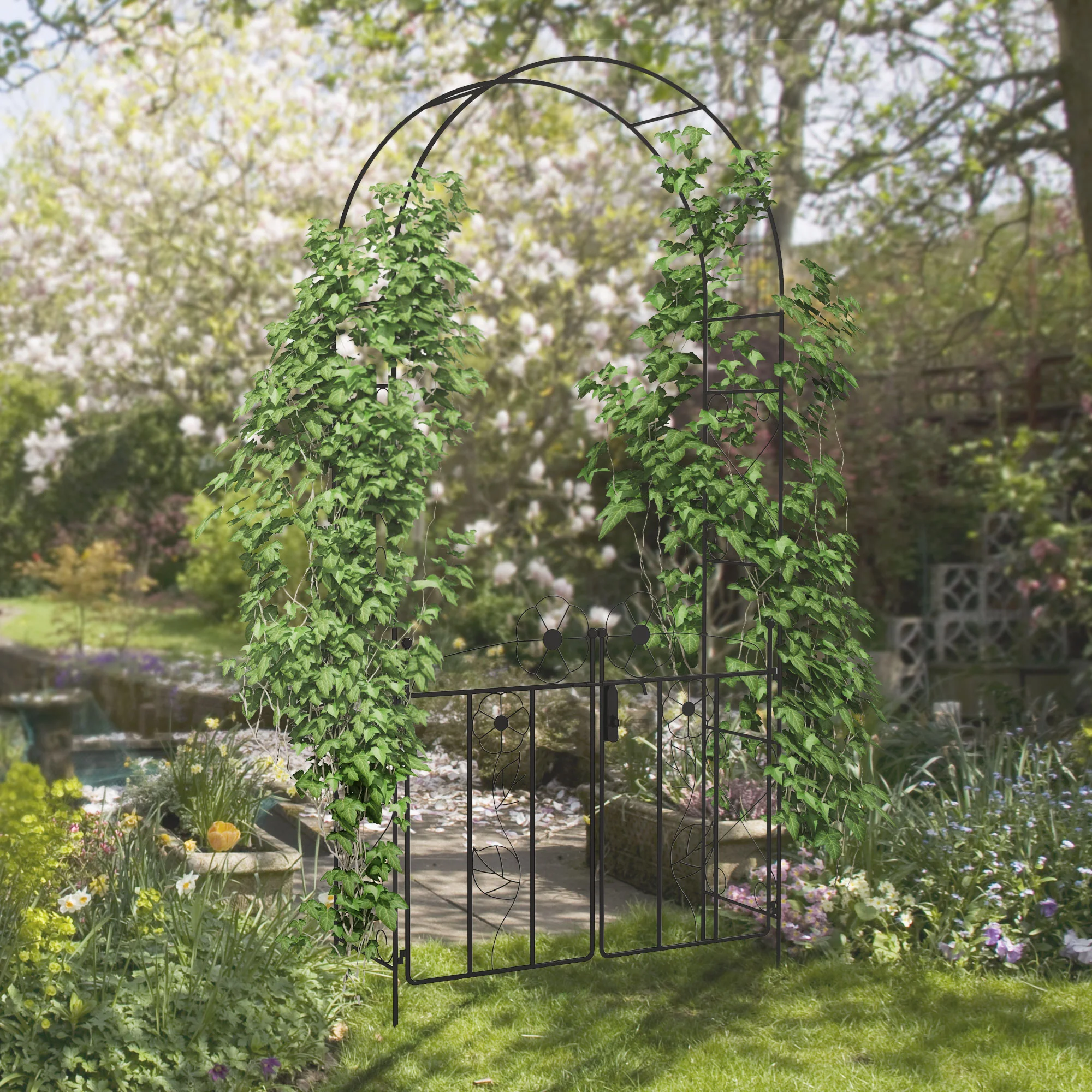 7.5FT Metal  Wedding Garden Arch with Gate, Outdoor Wedding Decoration, Black - Image 4