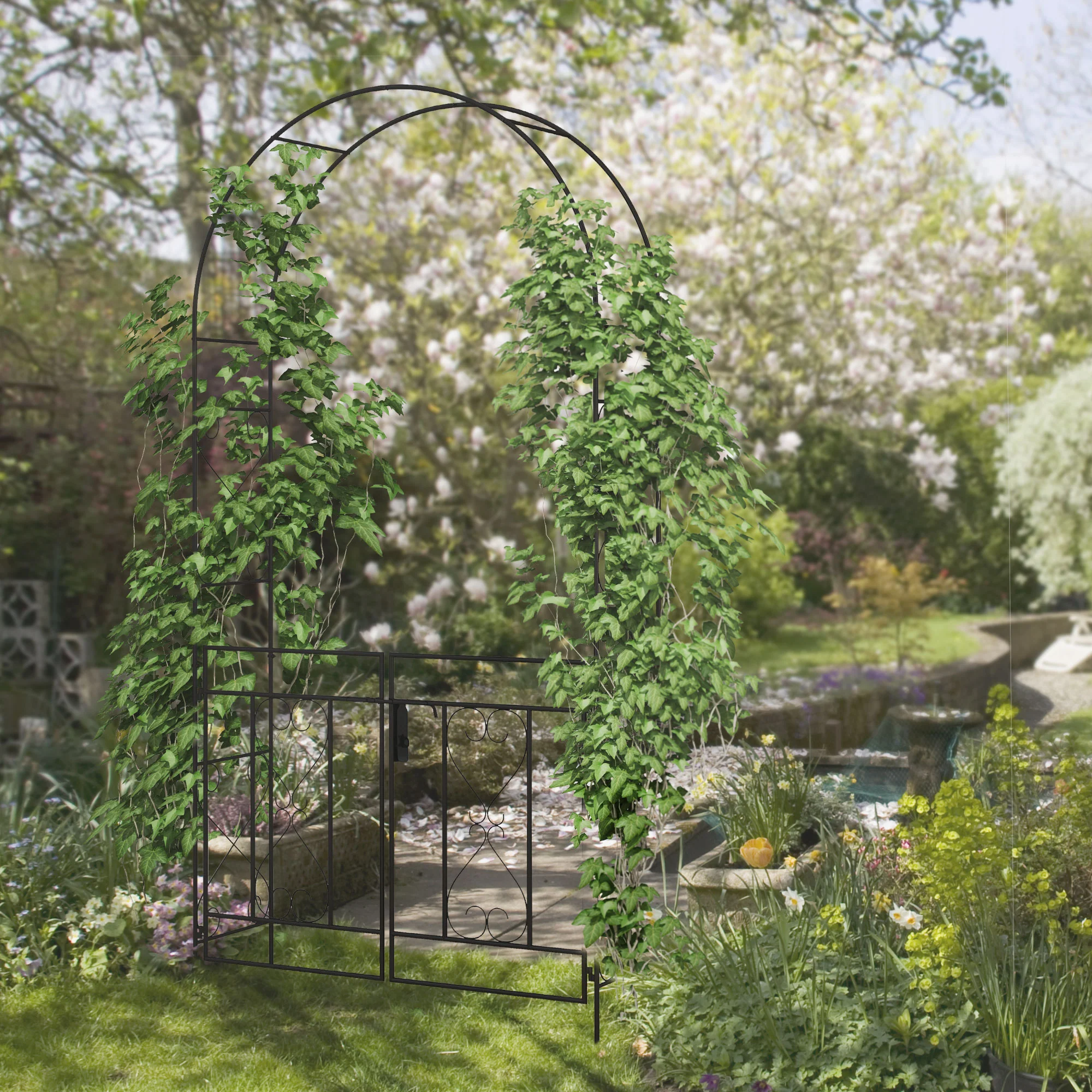 7.6FT Metal  Wedding Garden Arch with Gate, Arbor Trellis for Outdoor Garden, Black - Image 4