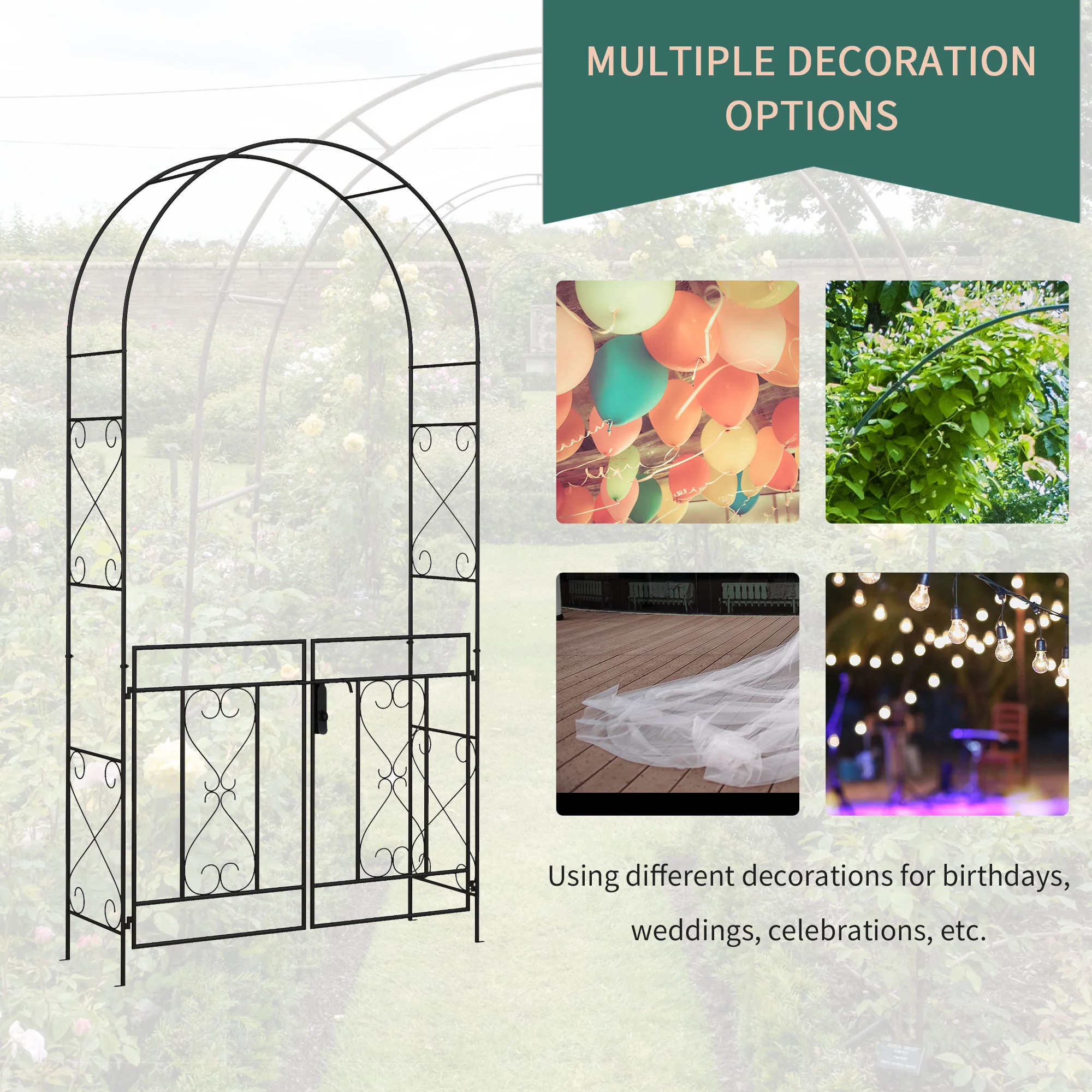 7.6FT Metal  Wedding Garden Arch with Gate, Arbor Trellis for Outdoor Garden, Black - Image 8