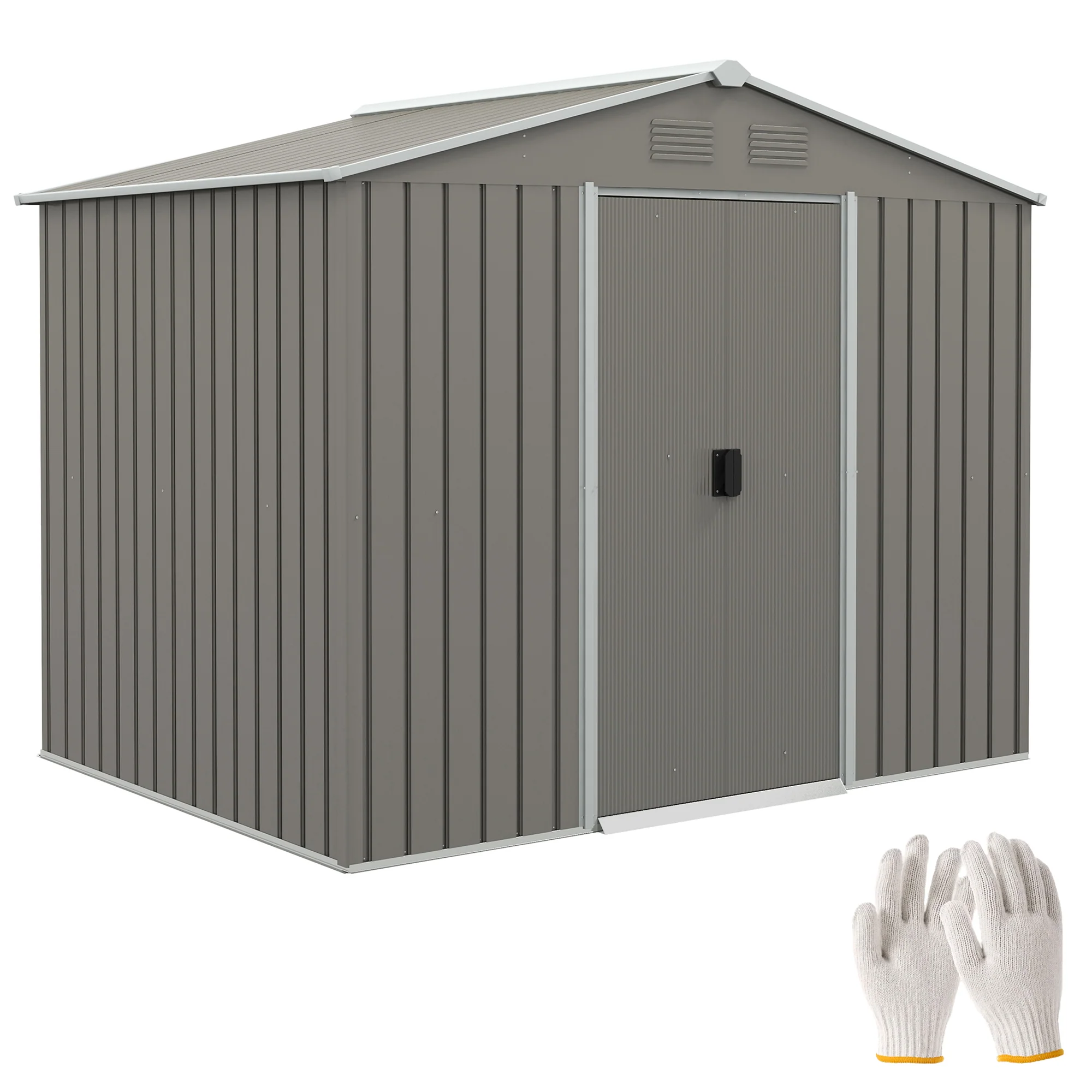 7.7 x 5.7ft Metal Garden Shed, Tool Storage House with Ventilation Slots & Sliding Doors, Light Grey