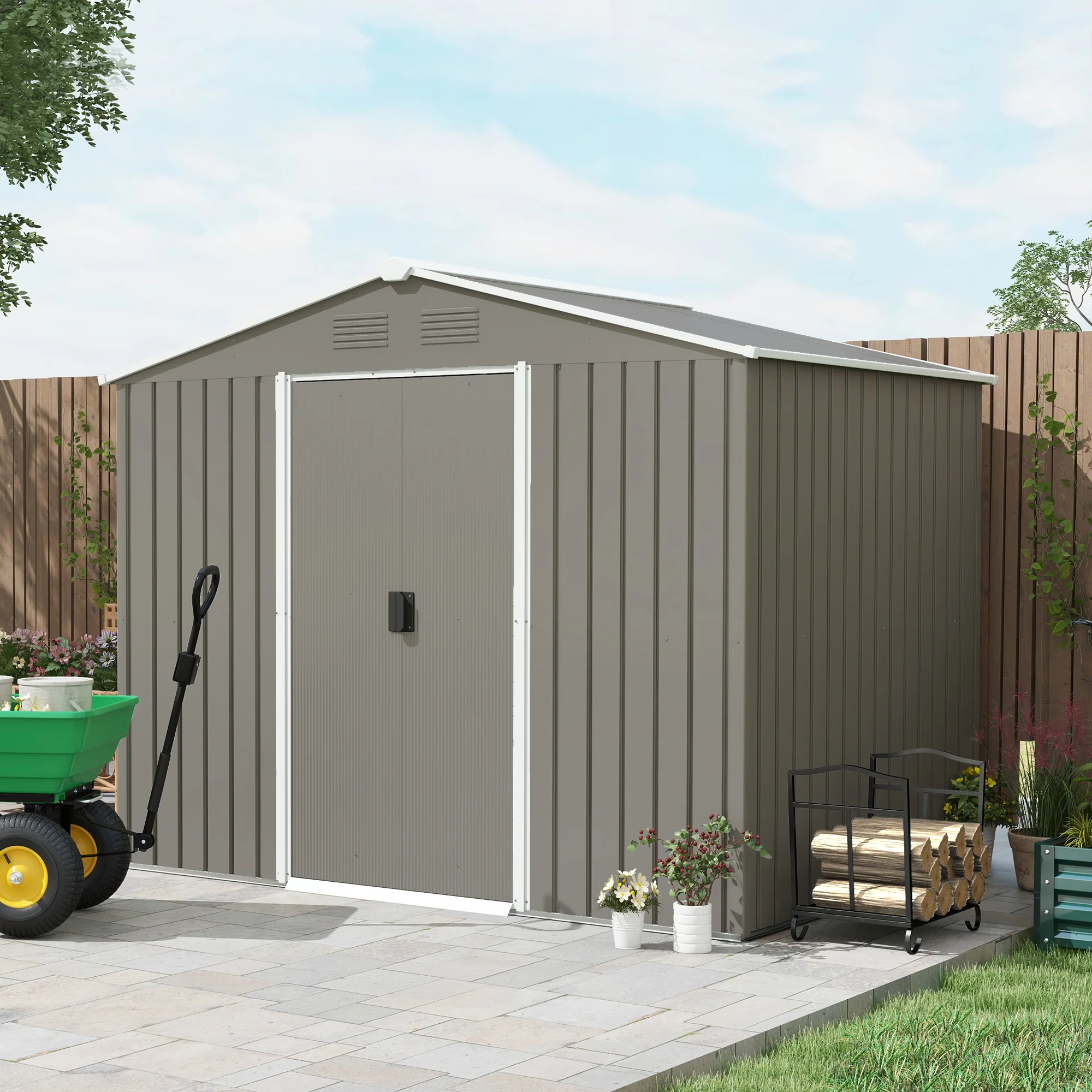 7.7 x 5.7ft Metal Garden Shed, Tool Storage House with Ventilation Slots & Sliding Doors, Light Grey - Image 11