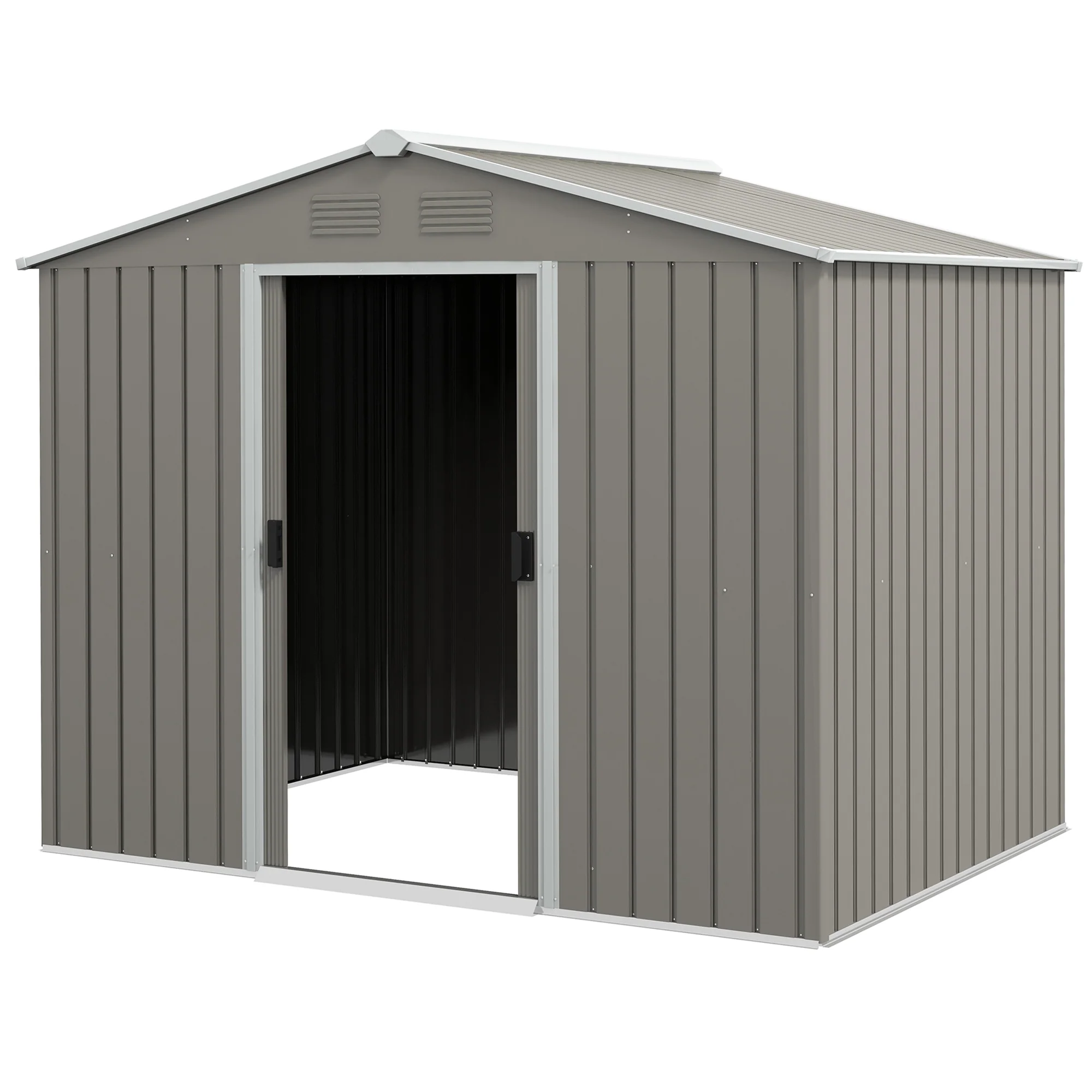 7.7 x 5.7ft Metal Garden Shed, Tool Storage House with Ventilation Slots & Sliding Doors, Light Grey - Image 2