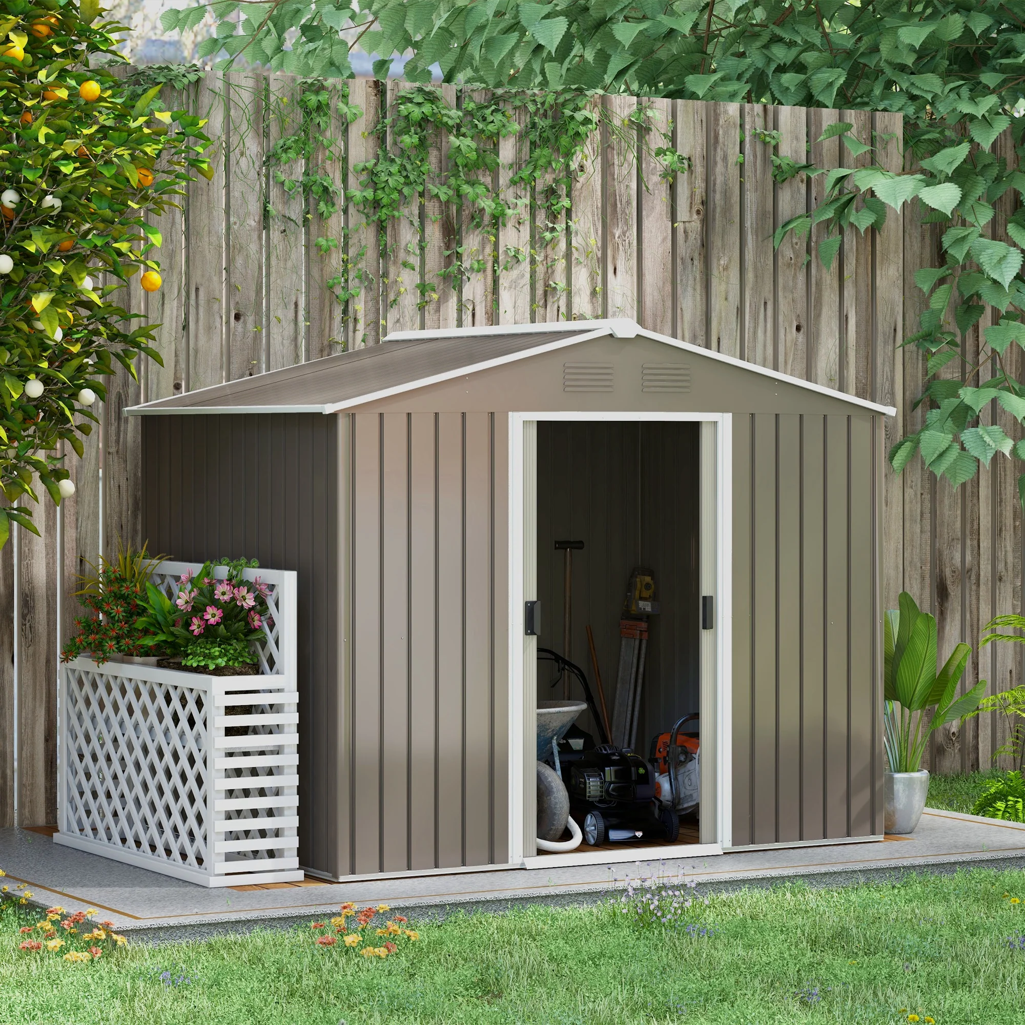 7.7 x 5.7ft Metal Garden Shed, Tool Storage House with Ventilation Slots & Sliding Doors, Light Grey - Image 3
