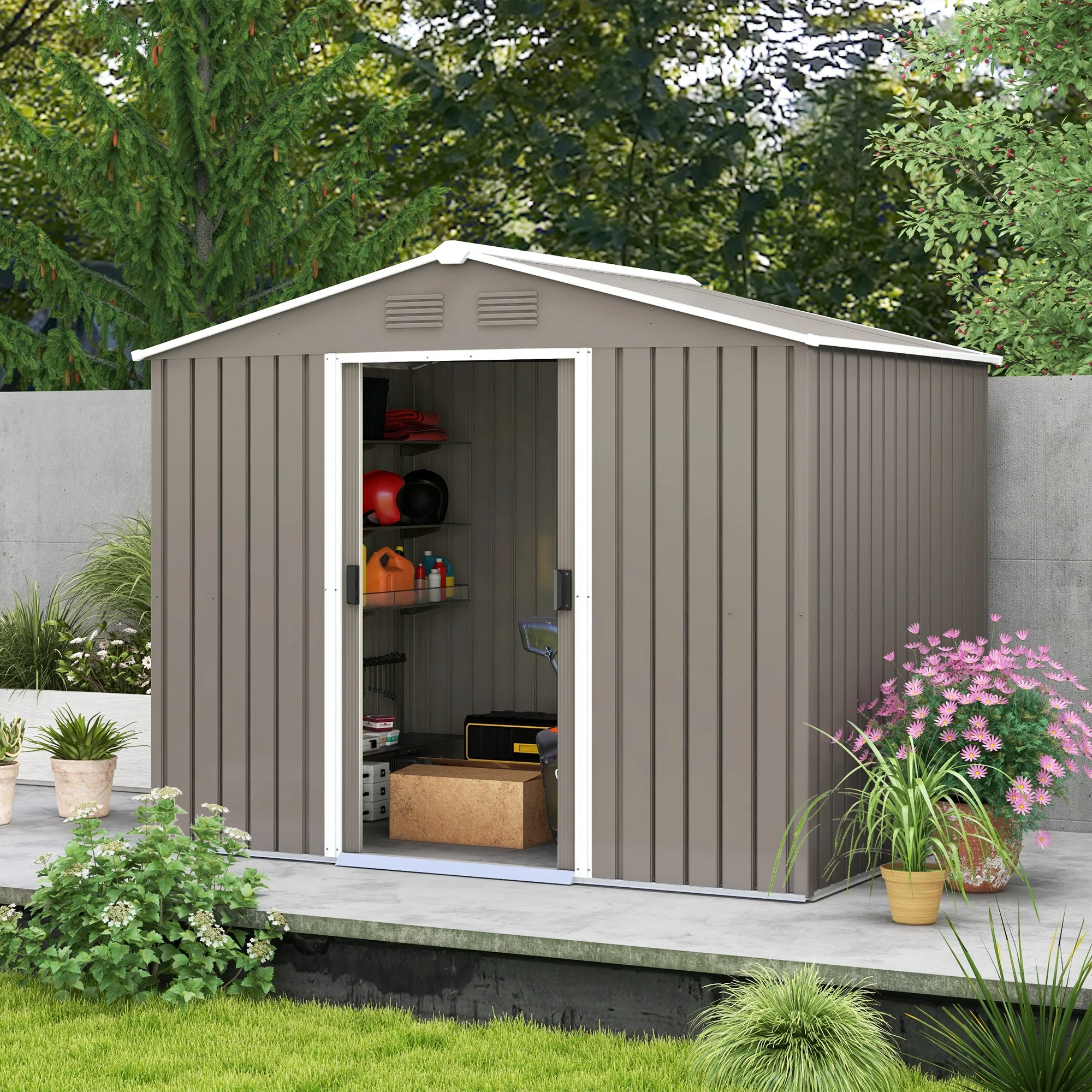 7.7 x 5.7ft Metal Garden Shed, Tool Storage House with Ventilation Slots & Sliding Doors, Light Grey - Image 4