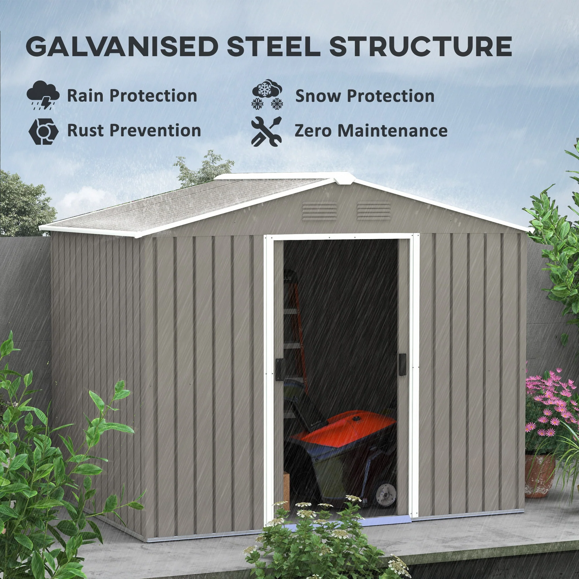 7.7 x 5.7ft Metal Garden Shed, Tool Storage House with Ventilation Slots & Sliding Doors, Light Grey - Image 6