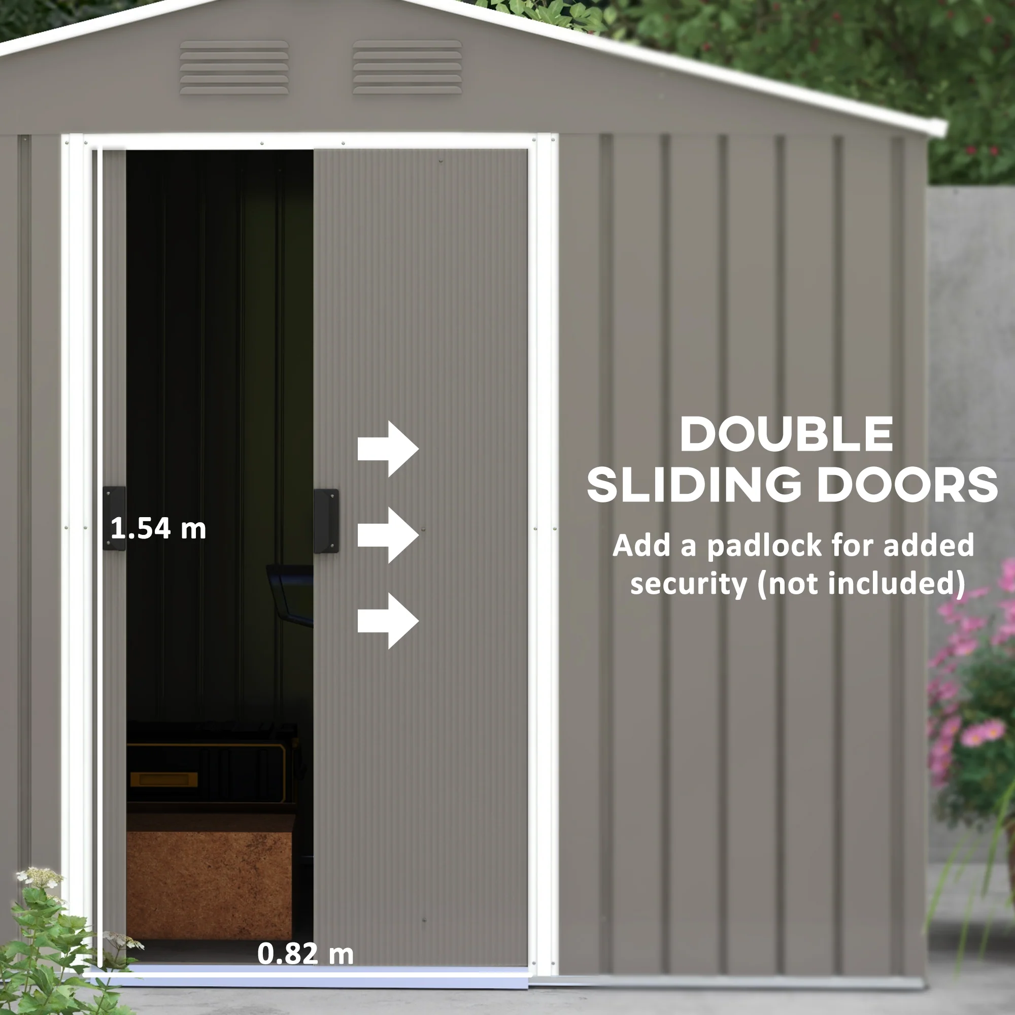 7.7 x 5.7ft Metal Garden Shed, Tool Storage House with Ventilation Slots & Sliding Doors, Light Grey - Image 7