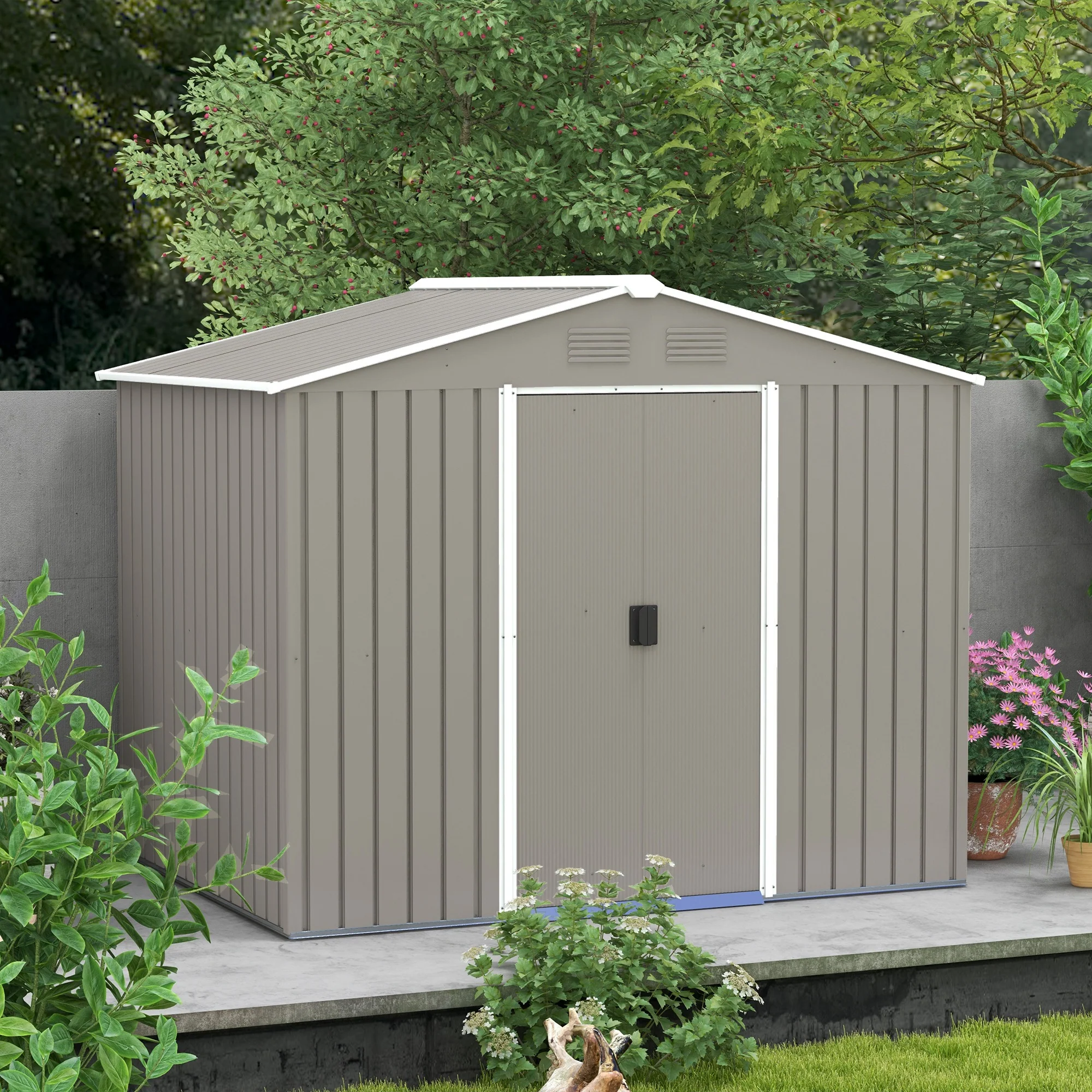 7.7 x 5.7ft Metal Garden Shed, Tool Storage House with Ventilation Slots & Sliding Doors, Light Grey - Image 9