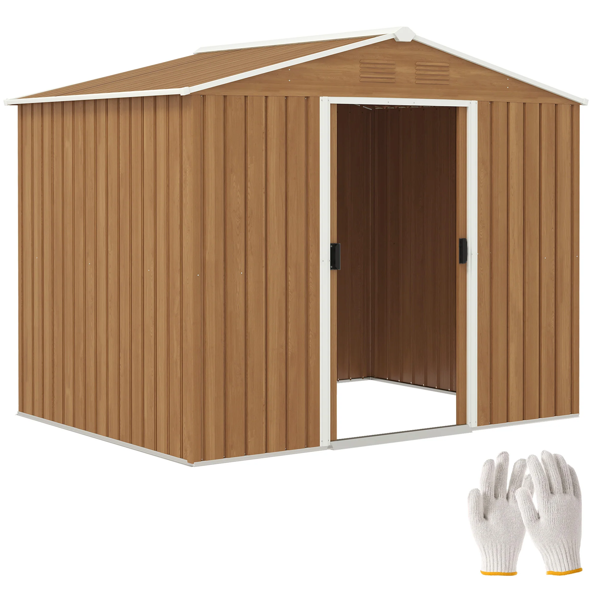 7.7 x 5.7ft Metal Garden Shed, Tool Storage House with Ventilation Slots & Sliding Doors, Brown