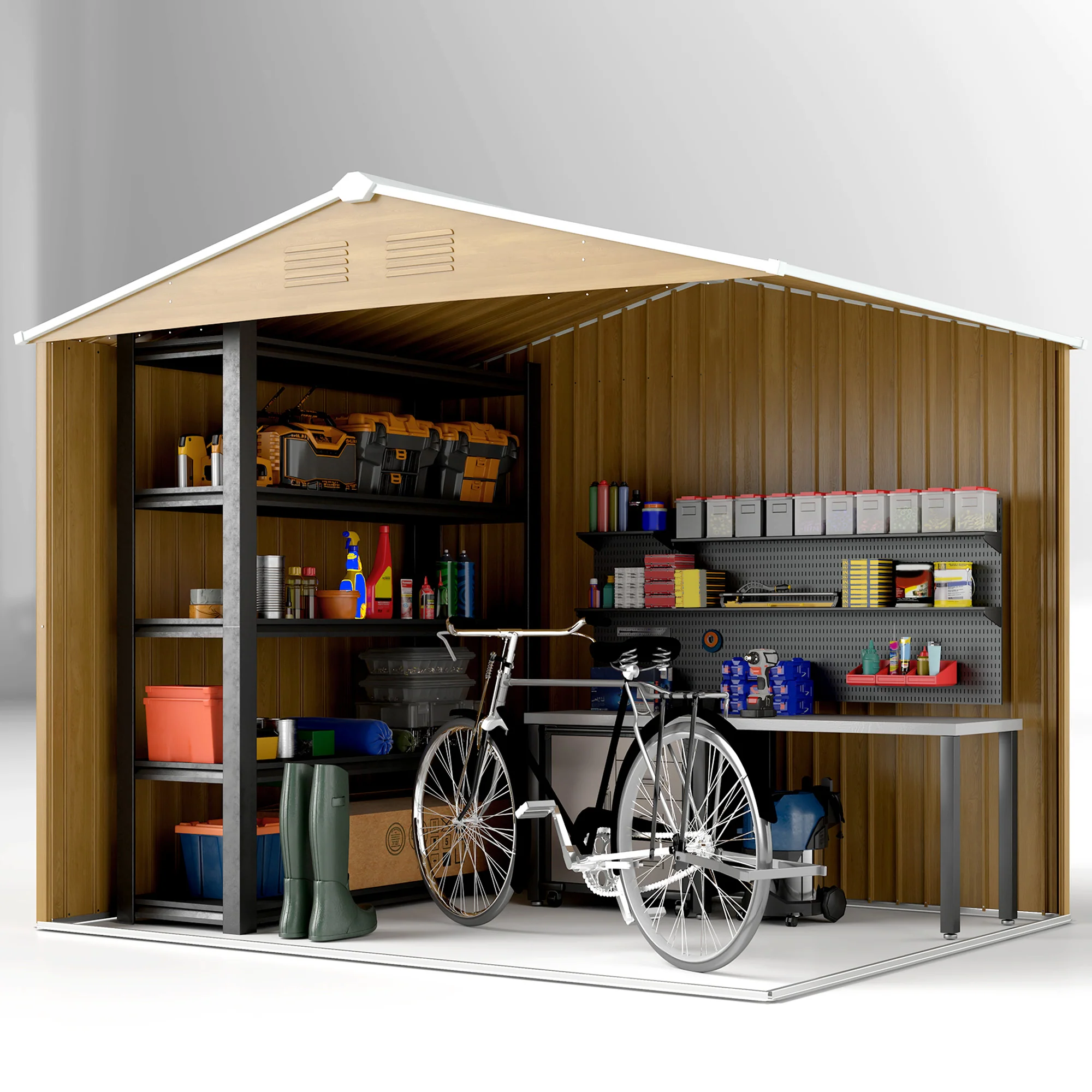 7.7 x 5.7ft Metal Garden Shed, Tool Storage House with Ventilation Slots & Sliding Doors, Brown - Image 10