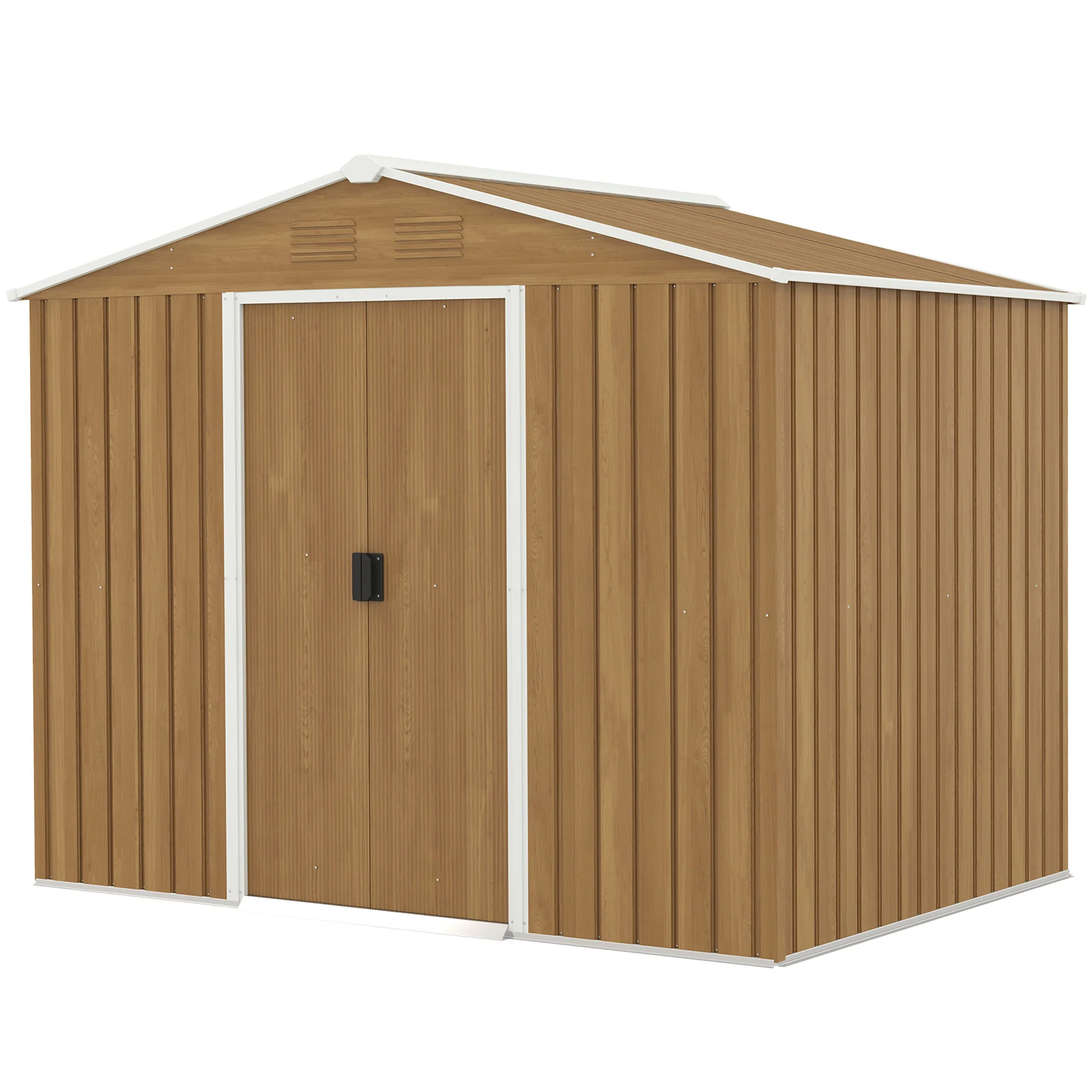 7.7 x 5.7ft Metal Garden Shed, Tool Storage House with Ventilation Slots & Sliding Doors, Brown - Image 2
