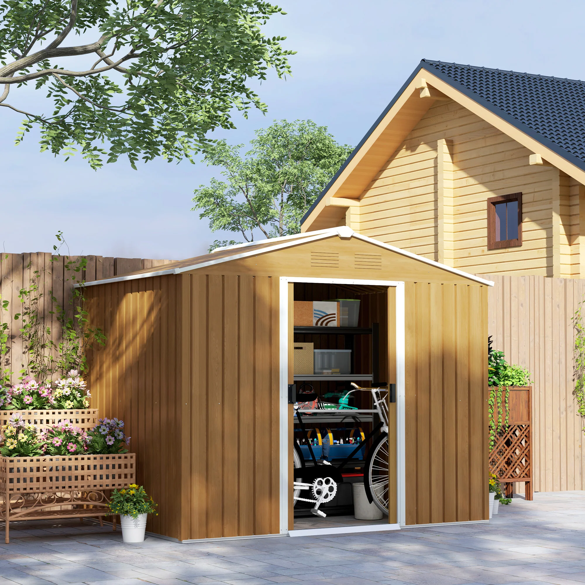 7.7 x 5.7ft Metal Garden Shed, Tool Storage House with Ventilation Slots & Sliding Doors, Brown - Image 3