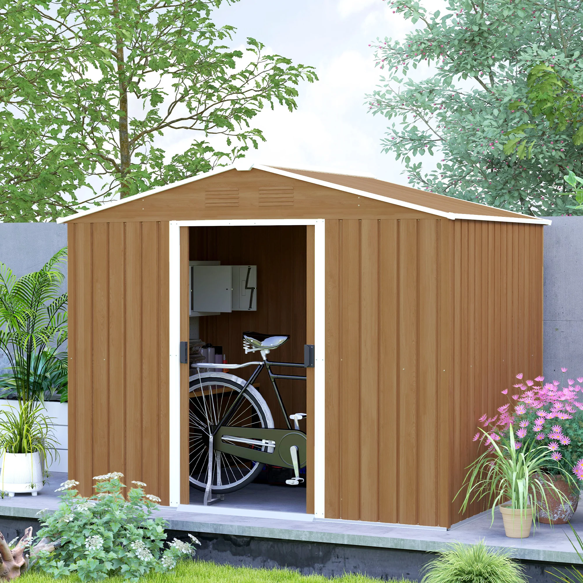 7.7 x 5.7ft Metal Garden Shed, Tool Storage House with Ventilation Slots & Sliding Doors, Brown - Image 4