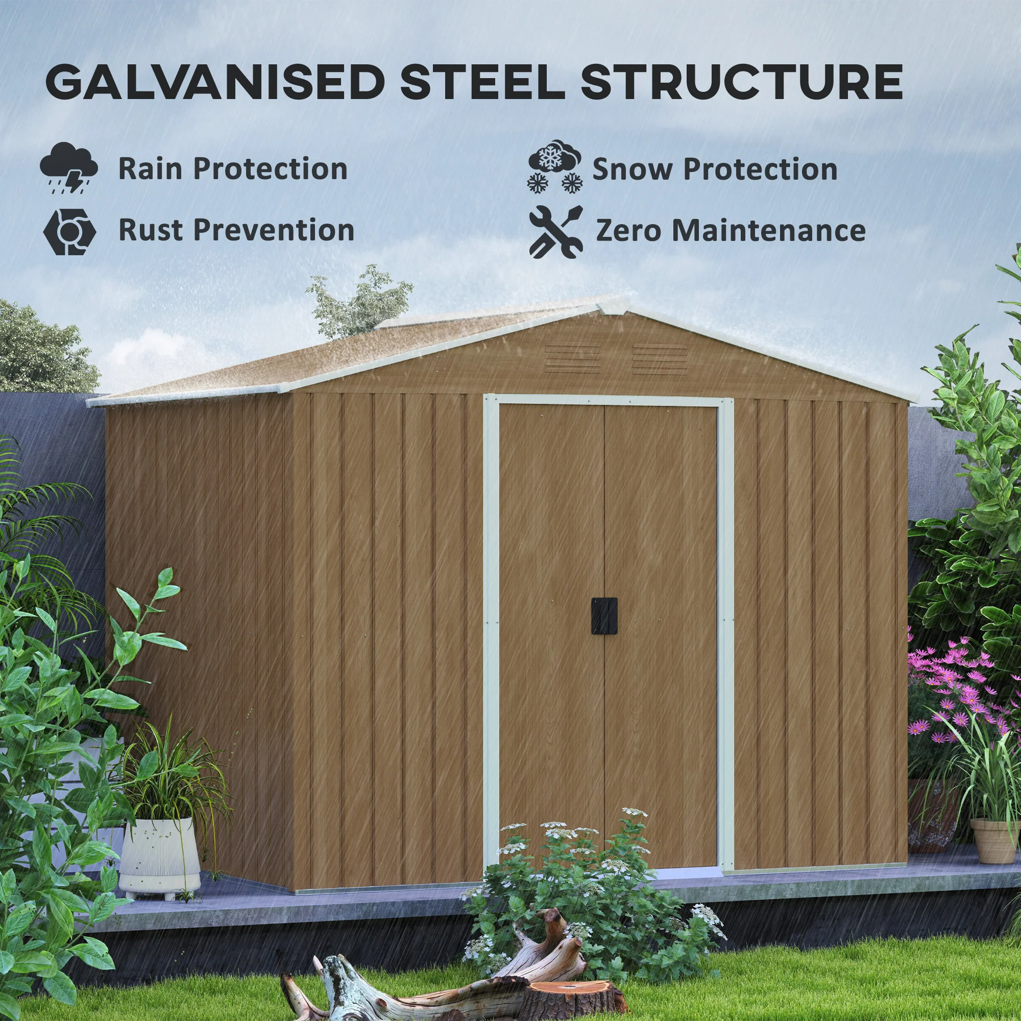 7.7 x 5.7ft Metal Garden Shed, Tool Storage House with Ventilation Slots & Sliding Doors, Brown - Image 6