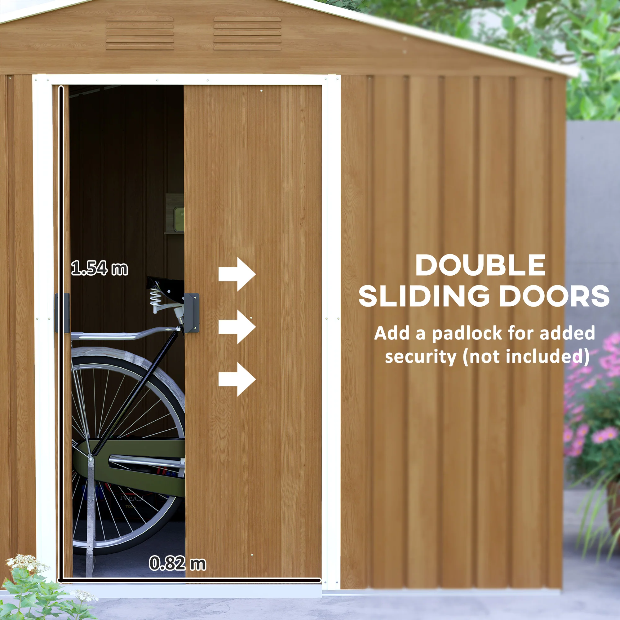 7.7 x 5.7ft Metal Garden Shed, Tool Storage House with Ventilation Slots & Sliding Doors, Brown - Image 7