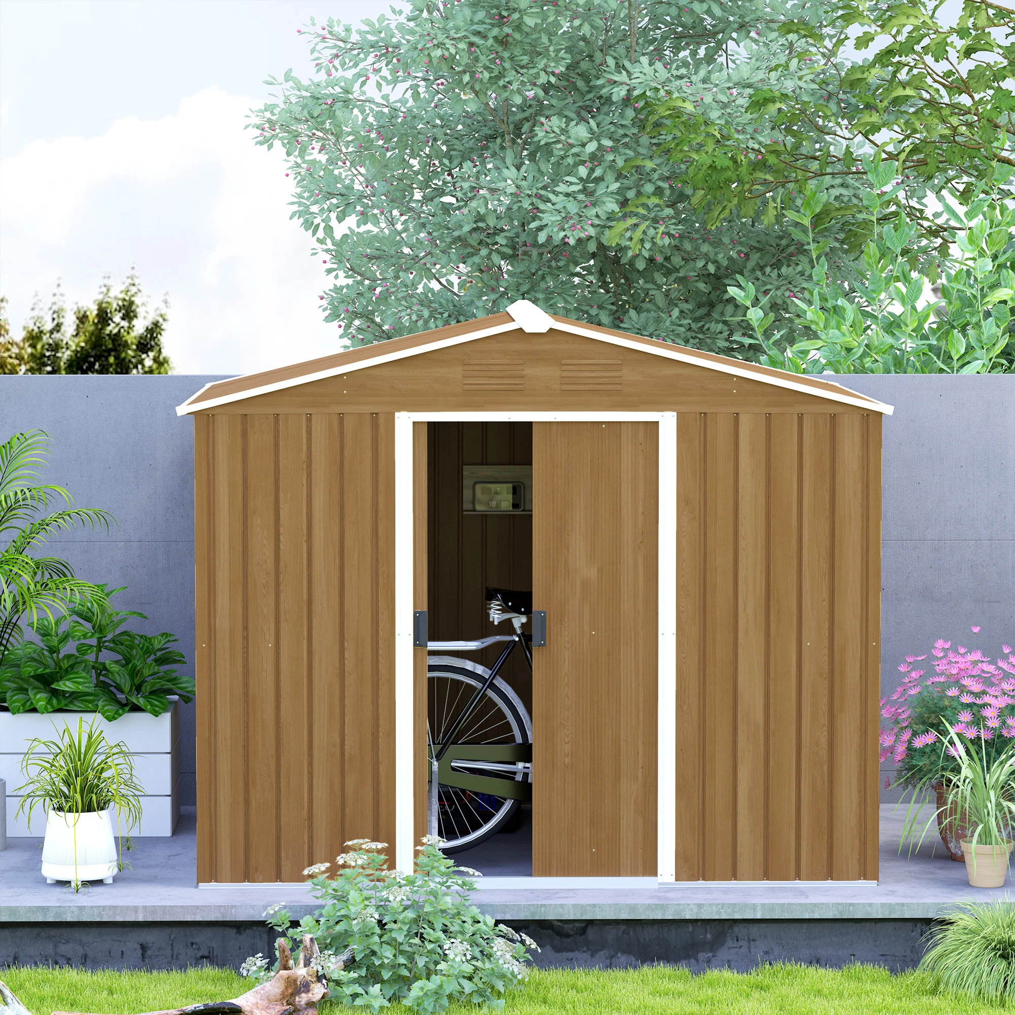 7.7 x 5.7ft Metal Garden Shed, Tool Storage House with Ventilation Slots & Sliding Doors, Brown - Image 9