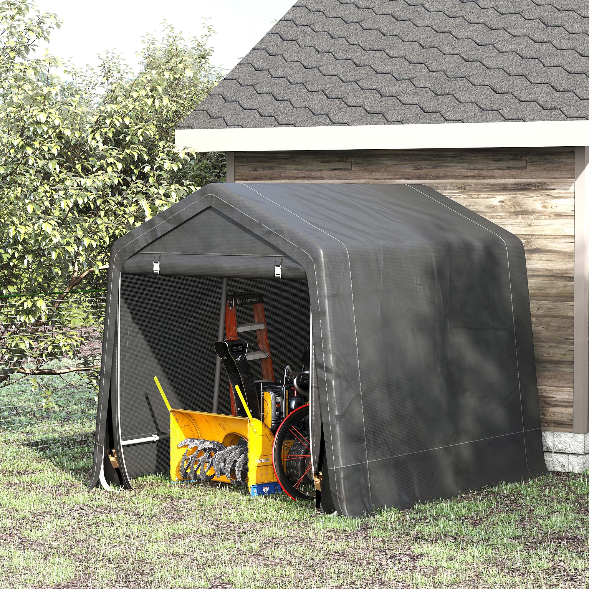 7.9' x 6.6' Garden Storage Tent, Heavy Duty Bike Shed, Patio Storage Shelter w/ Metal Frame and Double Zipper Doors, Dark Grey - Image 4