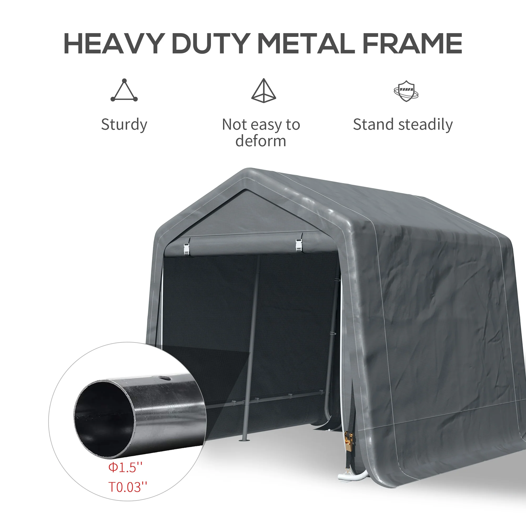 7.9' x 6.6' Garden Storage Tent, Heavy Duty Bike Shed, Patio Storage Shelter w/ Metal Frame and Double Zipper Doors, Dark Grey - Image 6