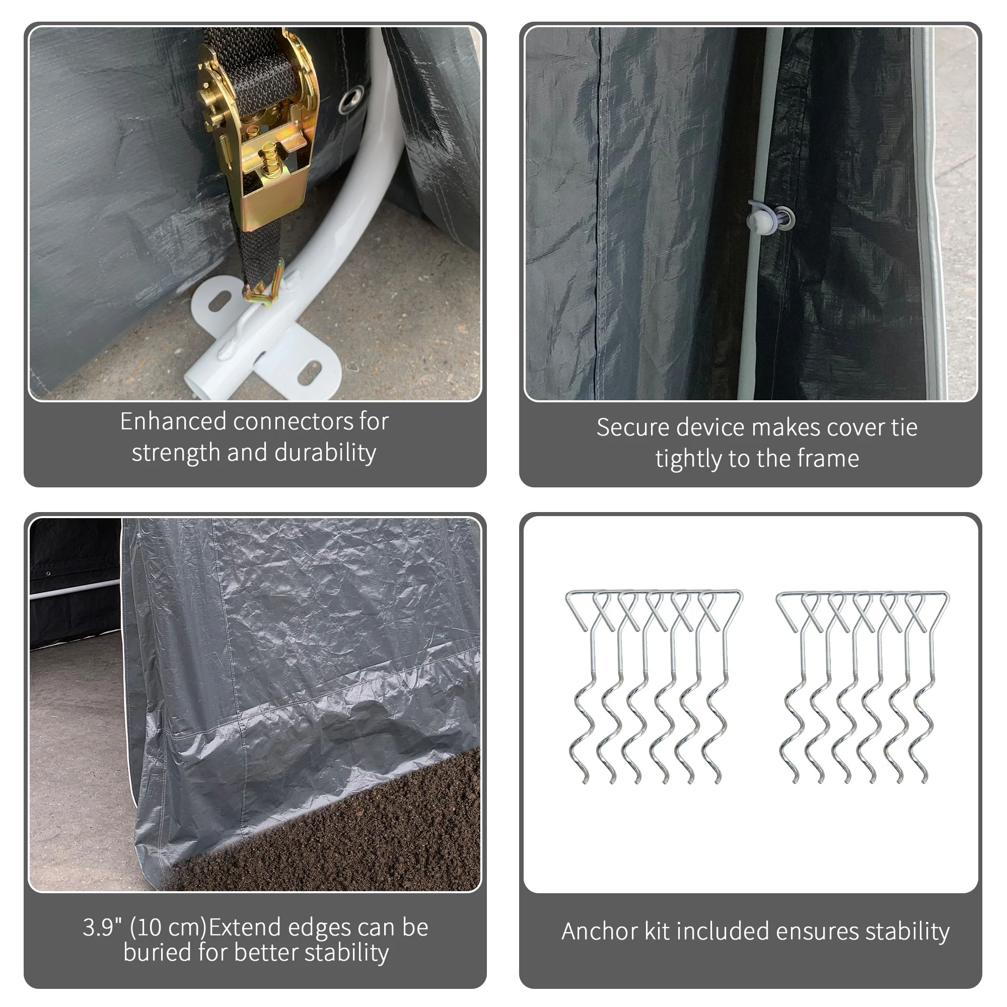 7.9' x 6.6' Garden Storage Tent, Heavy Duty Bike Shed, Patio Storage Shelter w/ Metal Frame and Double Zipper Doors, Dark Grey - Image 7