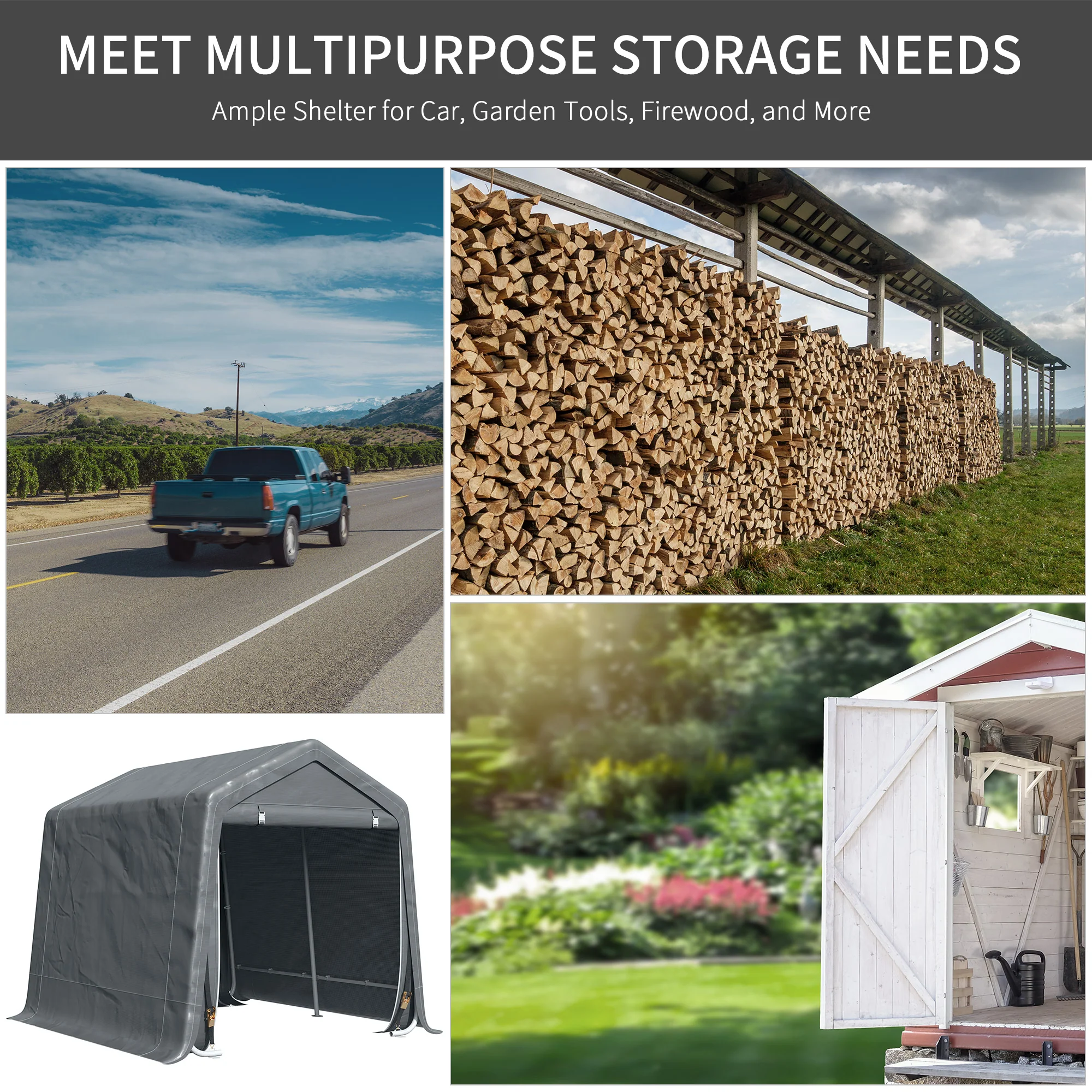 7.9' x 6.6' Garden Storage Tent, Heavy Duty Bike Shed, Patio Storage Shelter w/ Metal Frame and Double Zipper Doors, Dark Grey - Image 9