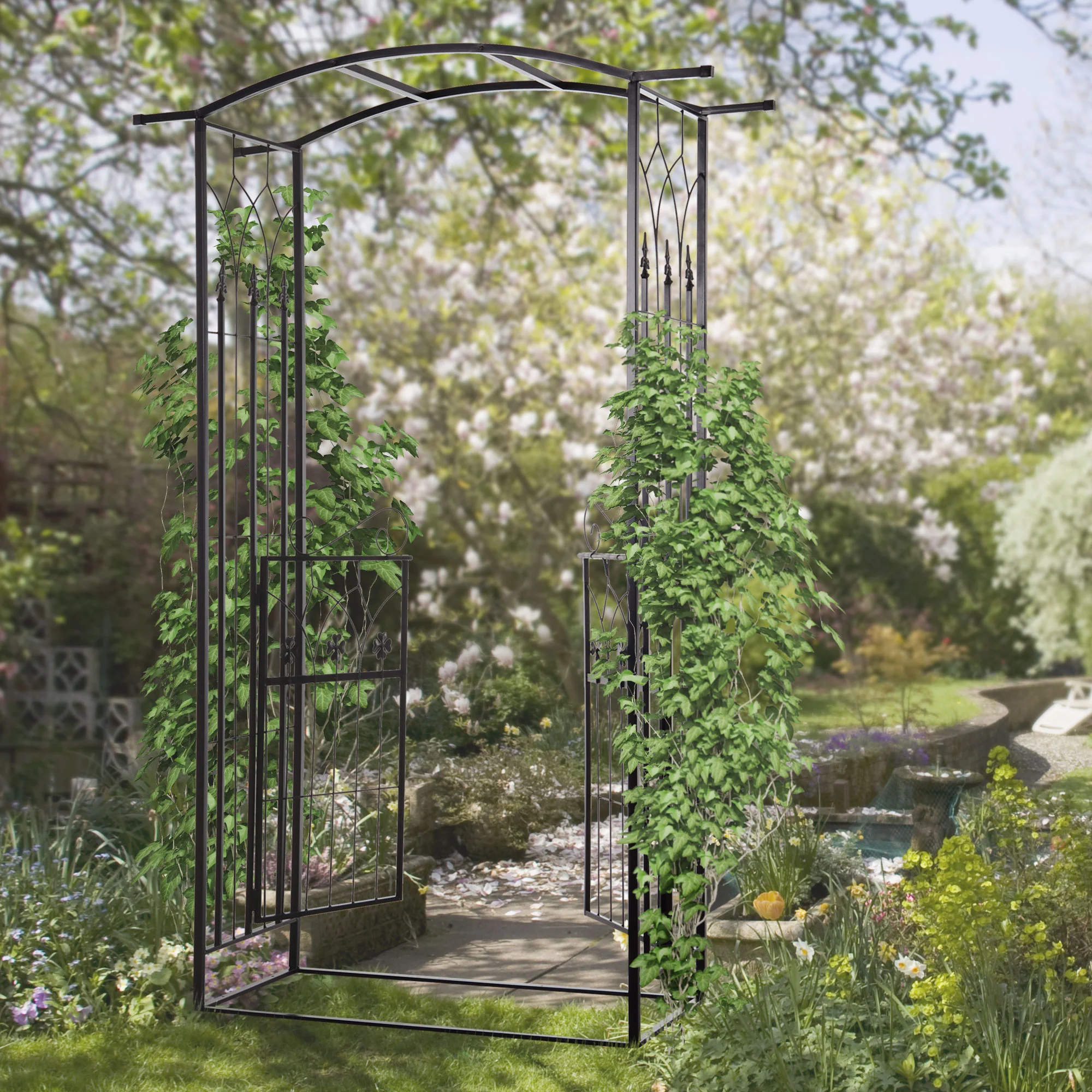 7ft Metal Outdoor Trellis, Arbor Backdrop Stand with Lucky Leaf Clover Doors, Black - Image 3