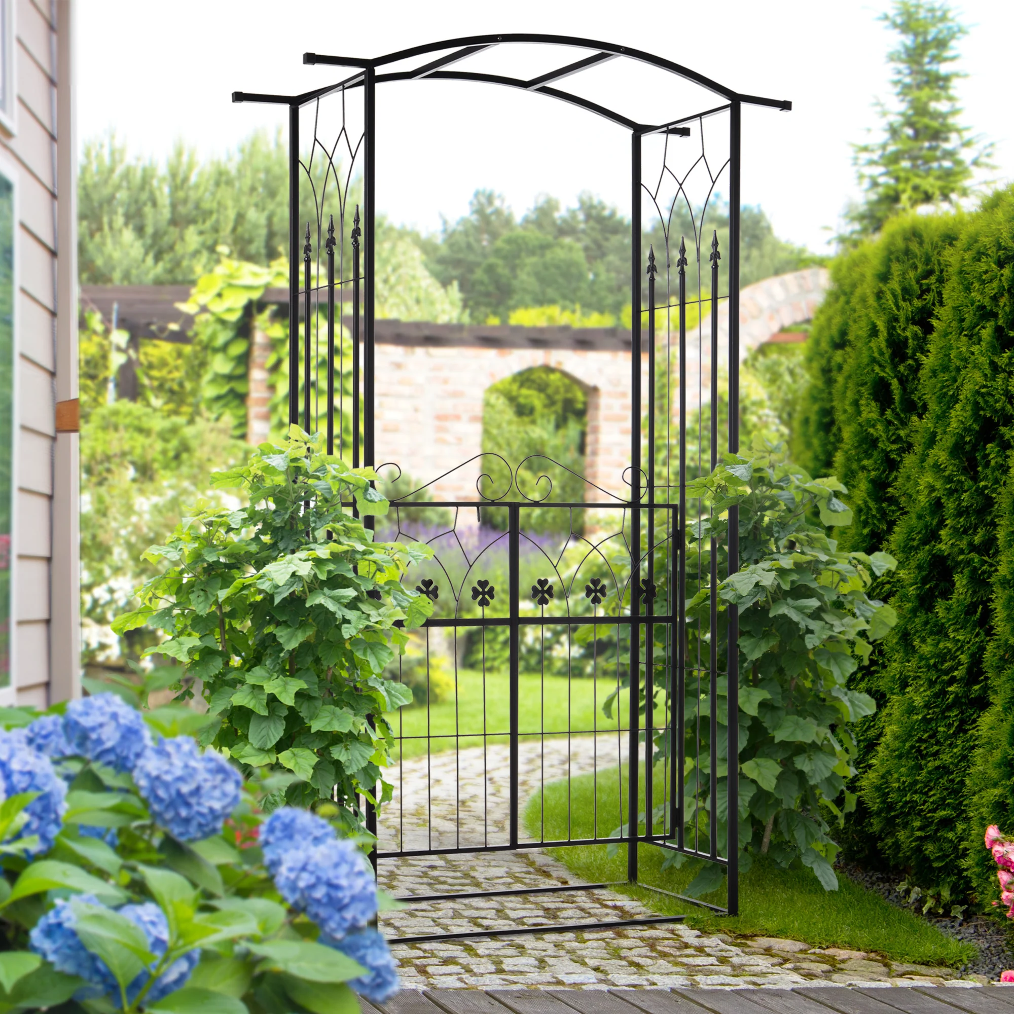 7ft Metal Outdoor Trellis, Arbor Backdrop Stand with Lucky Leaf Clover Doors, Black - Image 4