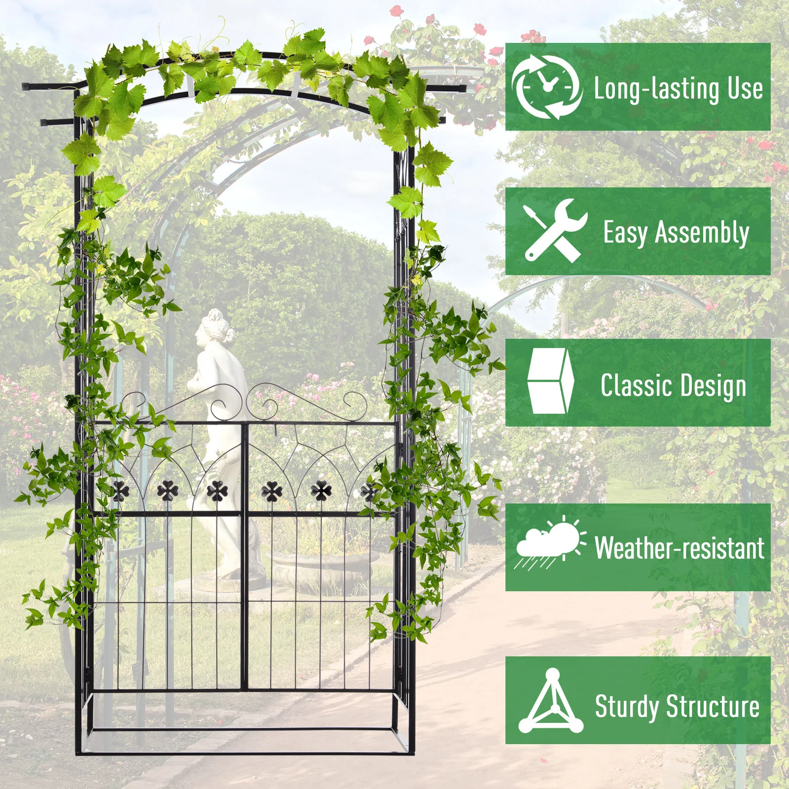 7ft Metal Outdoor Trellis, Arbor Backdrop Stand with Lucky Leaf Clover Doors, Black - Image 7
