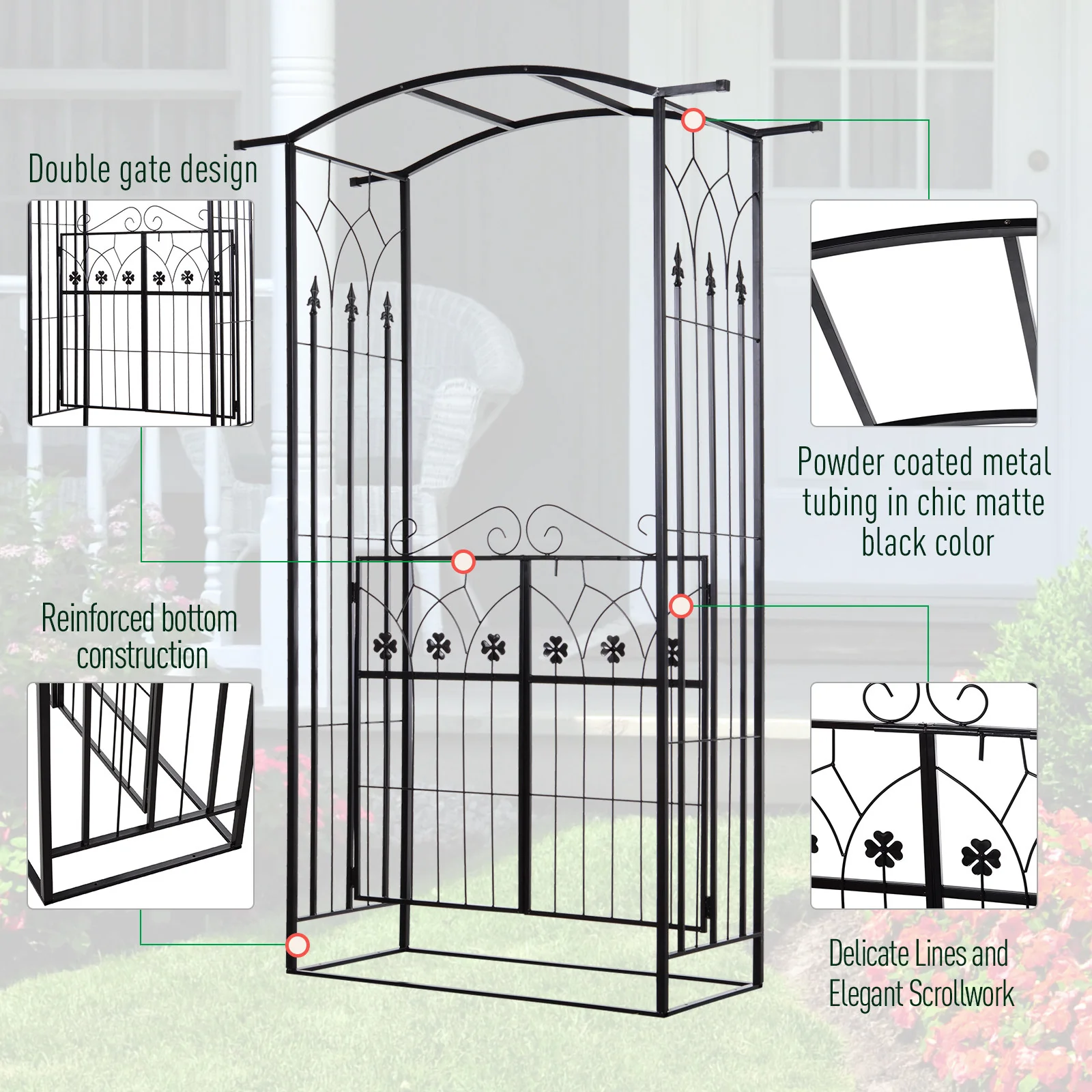7ft Metal Outdoor Trellis, Arbor Backdrop Stand with Lucky Leaf Clover Doors, Black - Image 8