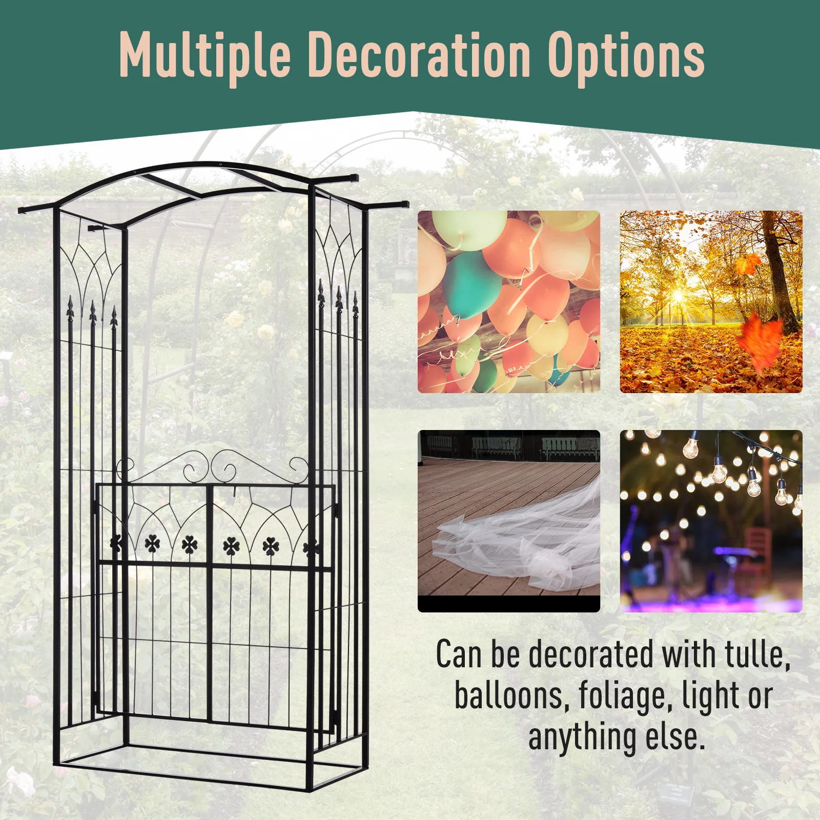 7ft Metal Outdoor Trellis, Arbor Backdrop Stand with Lucky Leaf Clover Doors, Black - Image 9