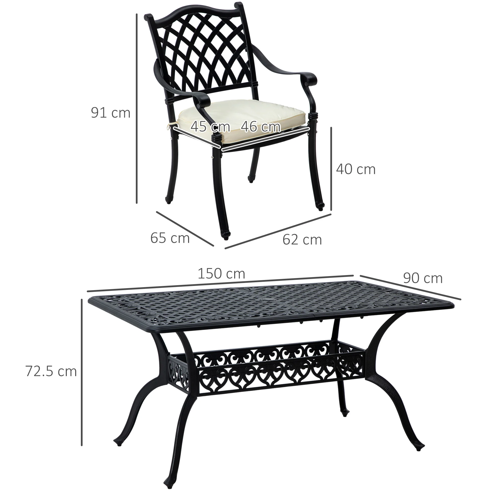 7 PCs Garden Patio Dining Set with Parasol Hole, Cast Aluminium Outdoor Furniture Set with Six Cushioned Chairs and Rectangle Dining Table, for Garden, Lawn, Deck, Black - Image 5
