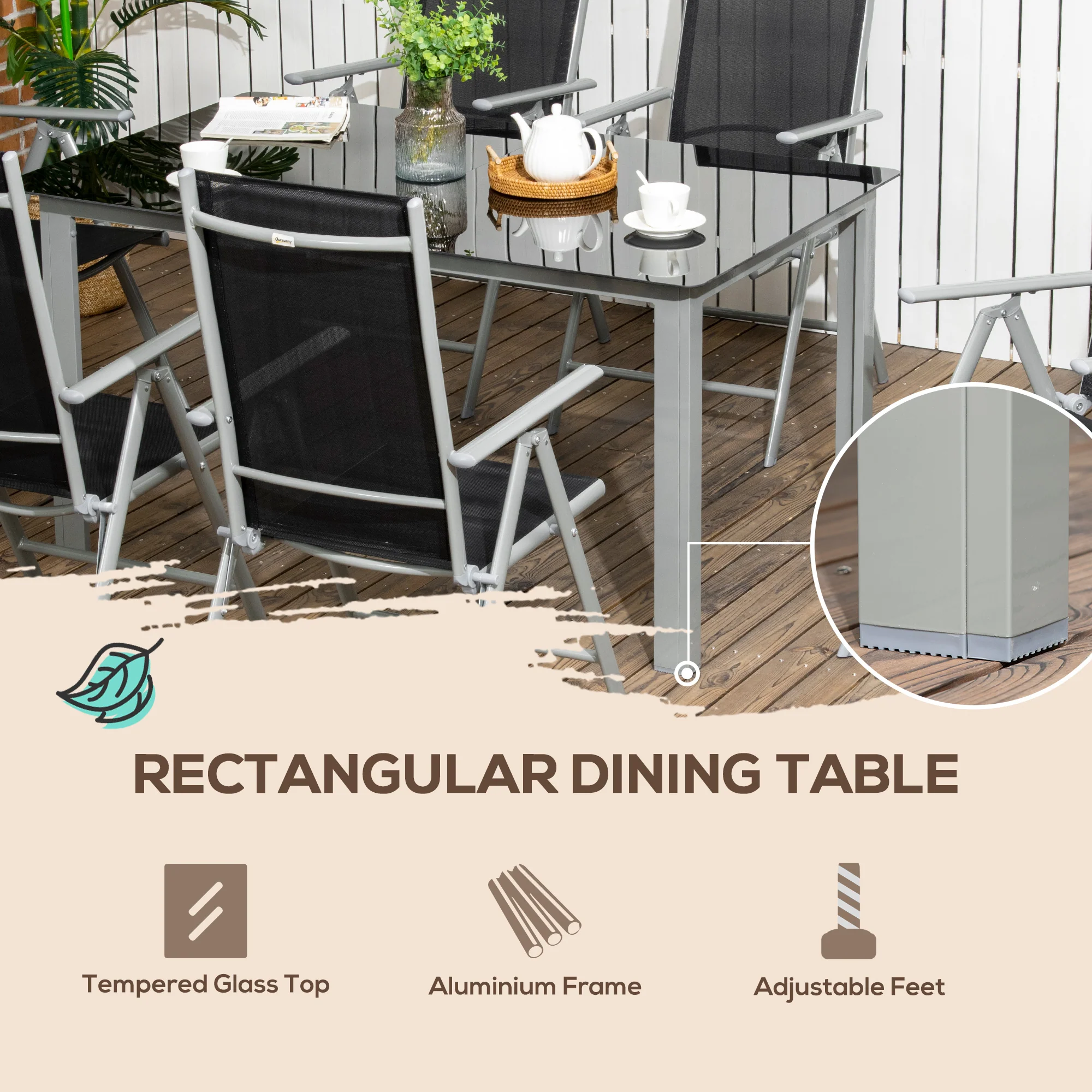 7 Piece Garden Dining Set, Outdoor Table and 6 Folding and Reclining Chairs, Aluminium Frame, Tempered Glass Top Table, Texteline Seats, Black - Image 10