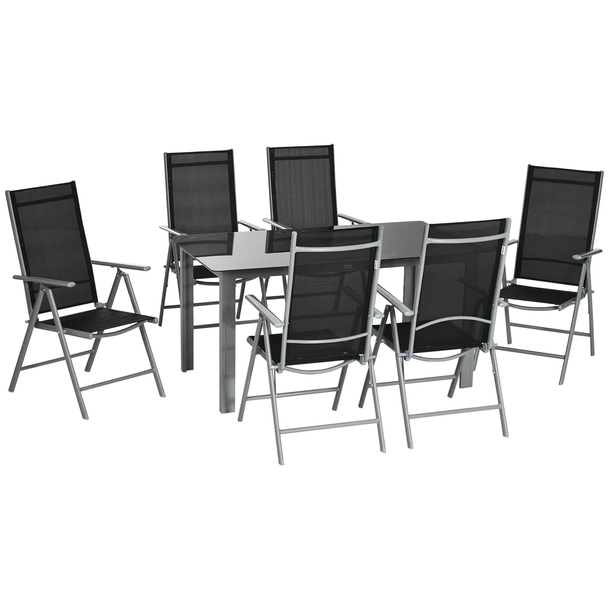 7 Piece Garden Dining Set, Outdoor Table and 6 Folding and Reclining Chairs, Aluminium Frame, Tempered Glass Top Table, Texteline Seats, Black - Image 12