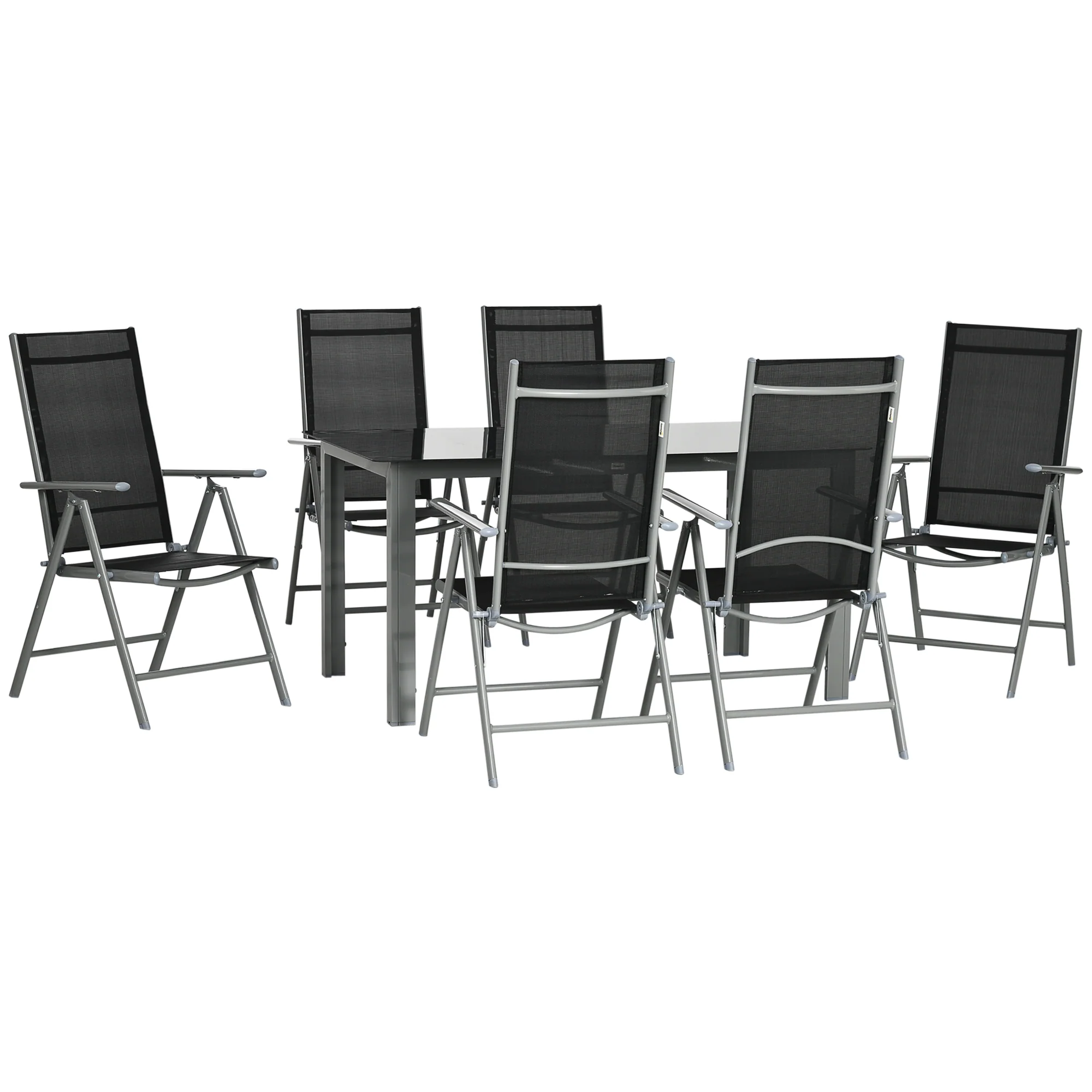 7 Piece Garden Dining Set, Outdoor Table and 6 Folding and Reclining Chairs, Aluminium Frame, Tempered Glass Top Table, Texteline Seats, Black - Image 2