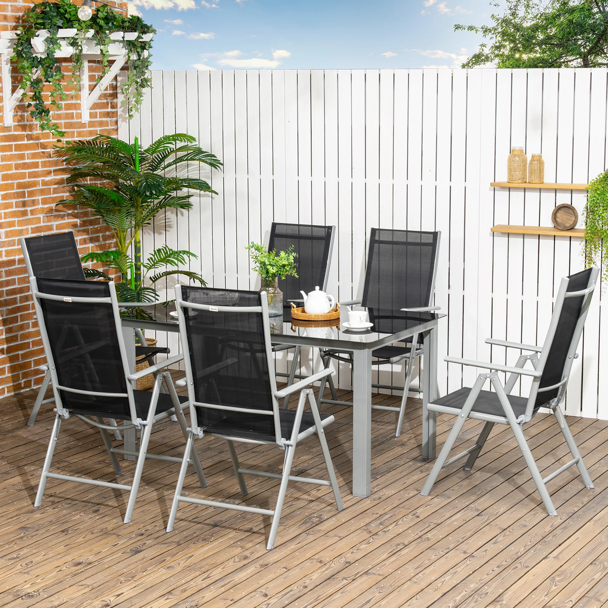 7 Piece Garden Dining Set, Outdoor Table and 6 Folding and Reclining Chairs, Aluminium Frame, Tempered Glass Top Table, Texteline Seats, Black - Image 3
